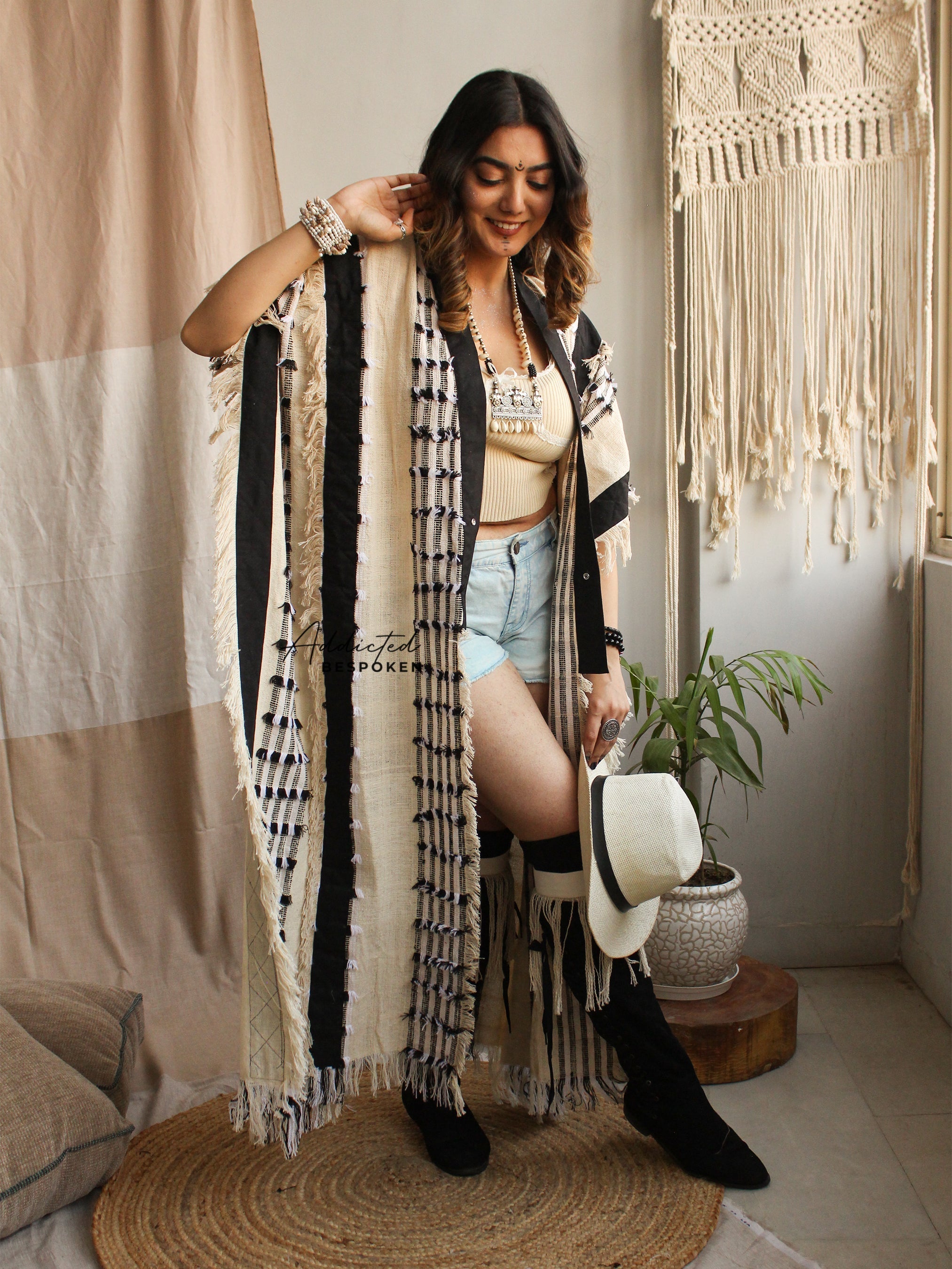 Woman modeling Nomadic Boho Cardigan Coat – relaxed fit boho style cardigan coat