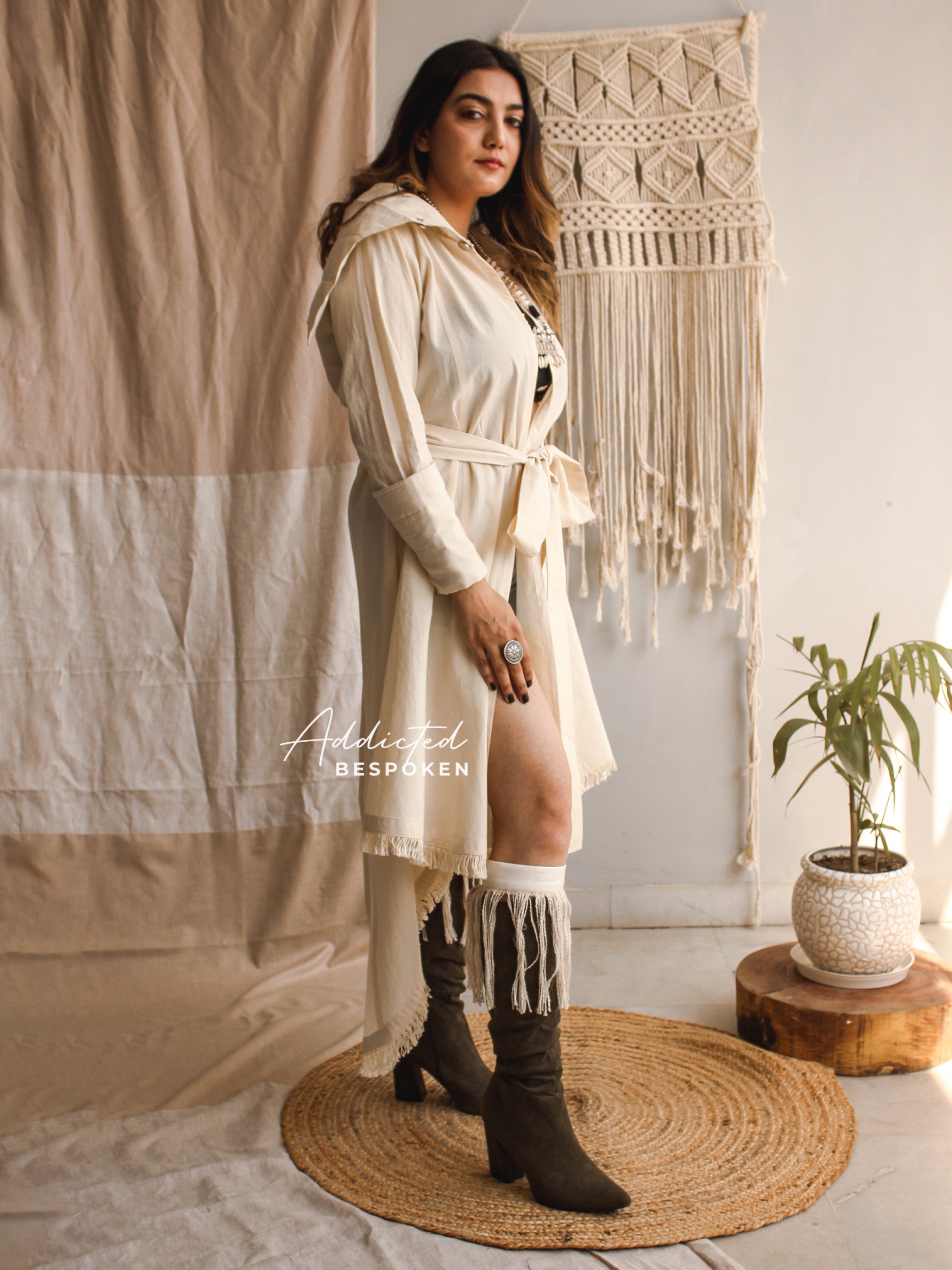 Hooded Free Spirit Maxi Dress with belt tied at waist β modern boho chic outfit