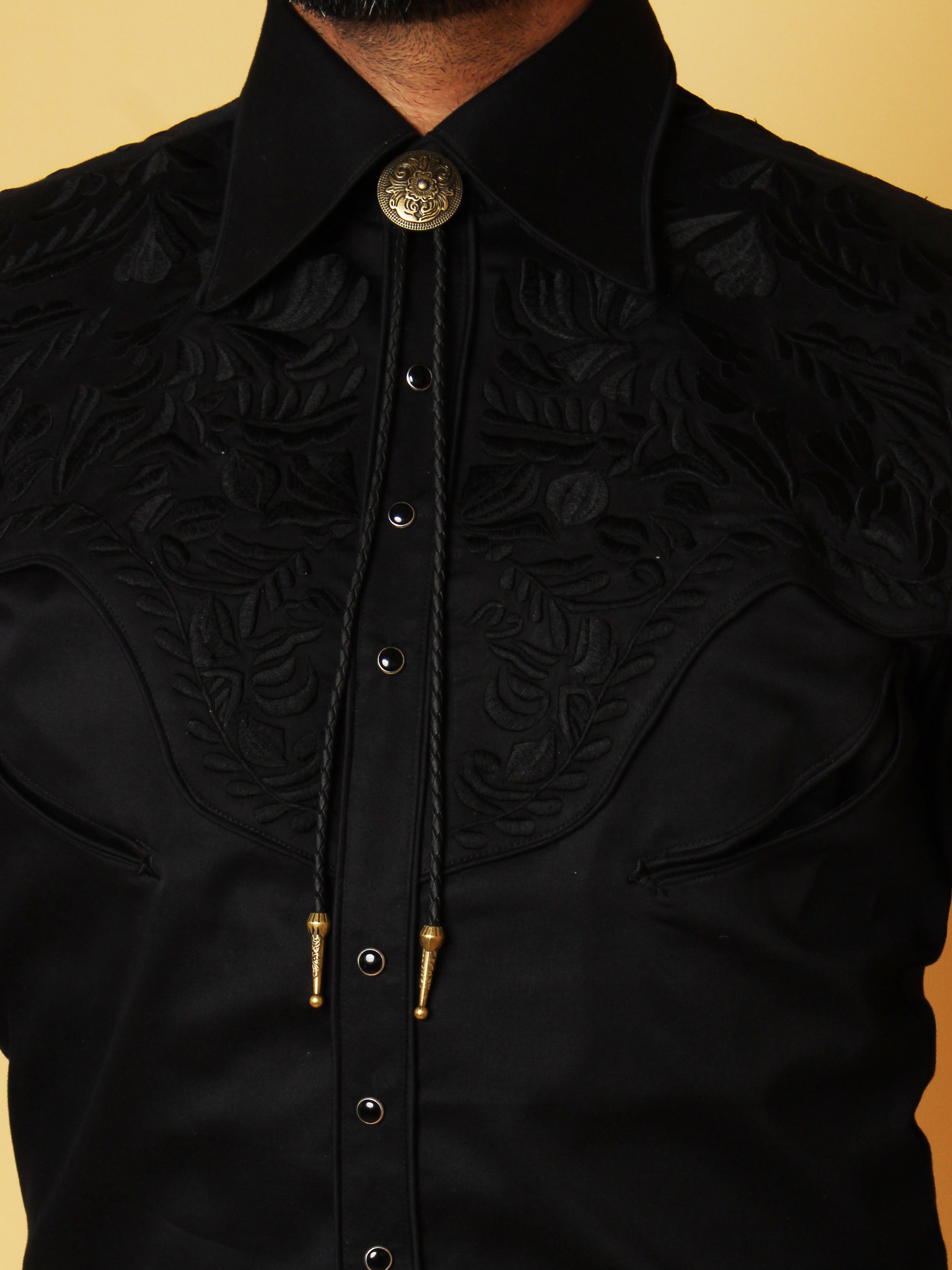Chest close-up of all-black embroidered western shirt β Addicted Bespoken