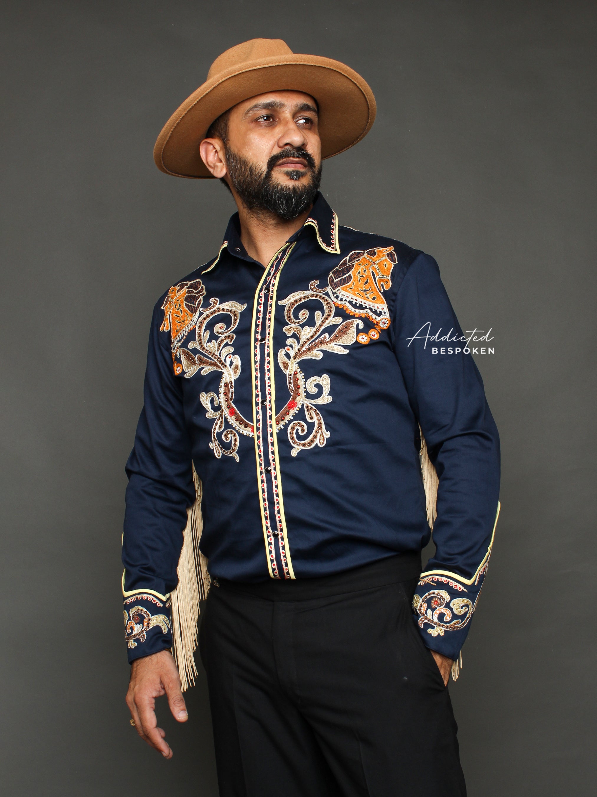 Standing front view of navy blue embroidered western shirt with golden embroidery on mannequin β Addicted Bespoken