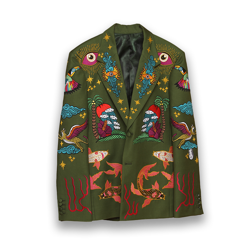 Olive green bespoke blazer from Addicted Bespoken featuring intricate multicolored embroidery with koi fish, eyes, waves and celestial motifs on a transparent background