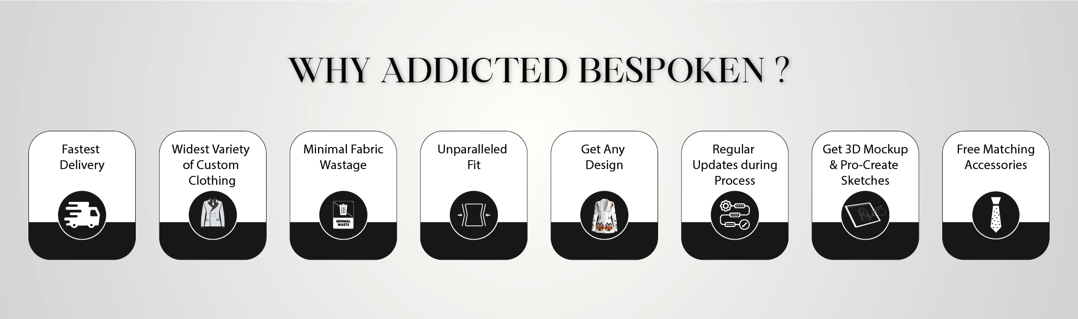 Promotional graphic for 'Addicted Bespoken' with features listed on a white background.