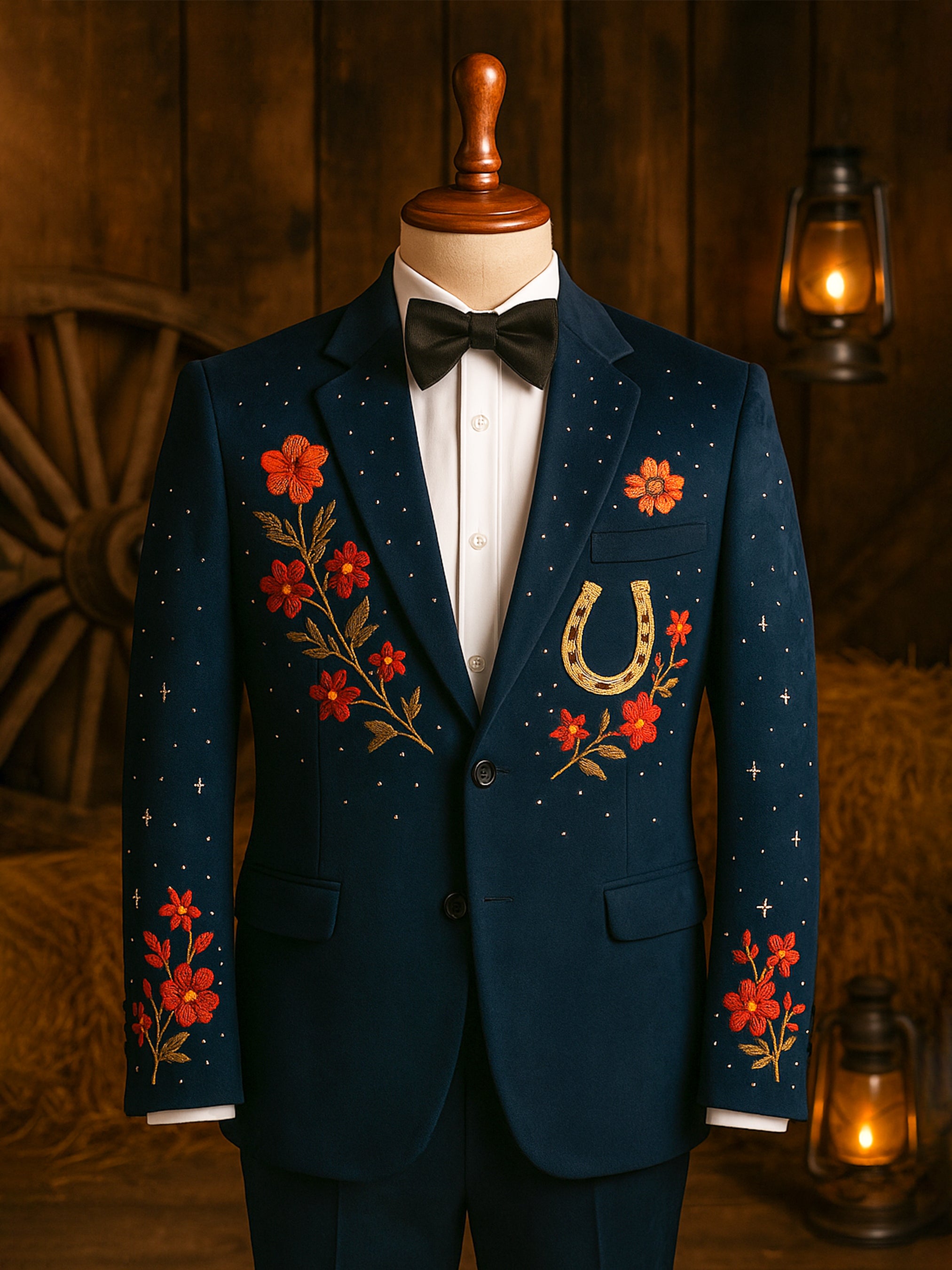 A navy blazer with bold floral embroidery in red and orange, and a golden horseshoe, displayed on a mannequin.