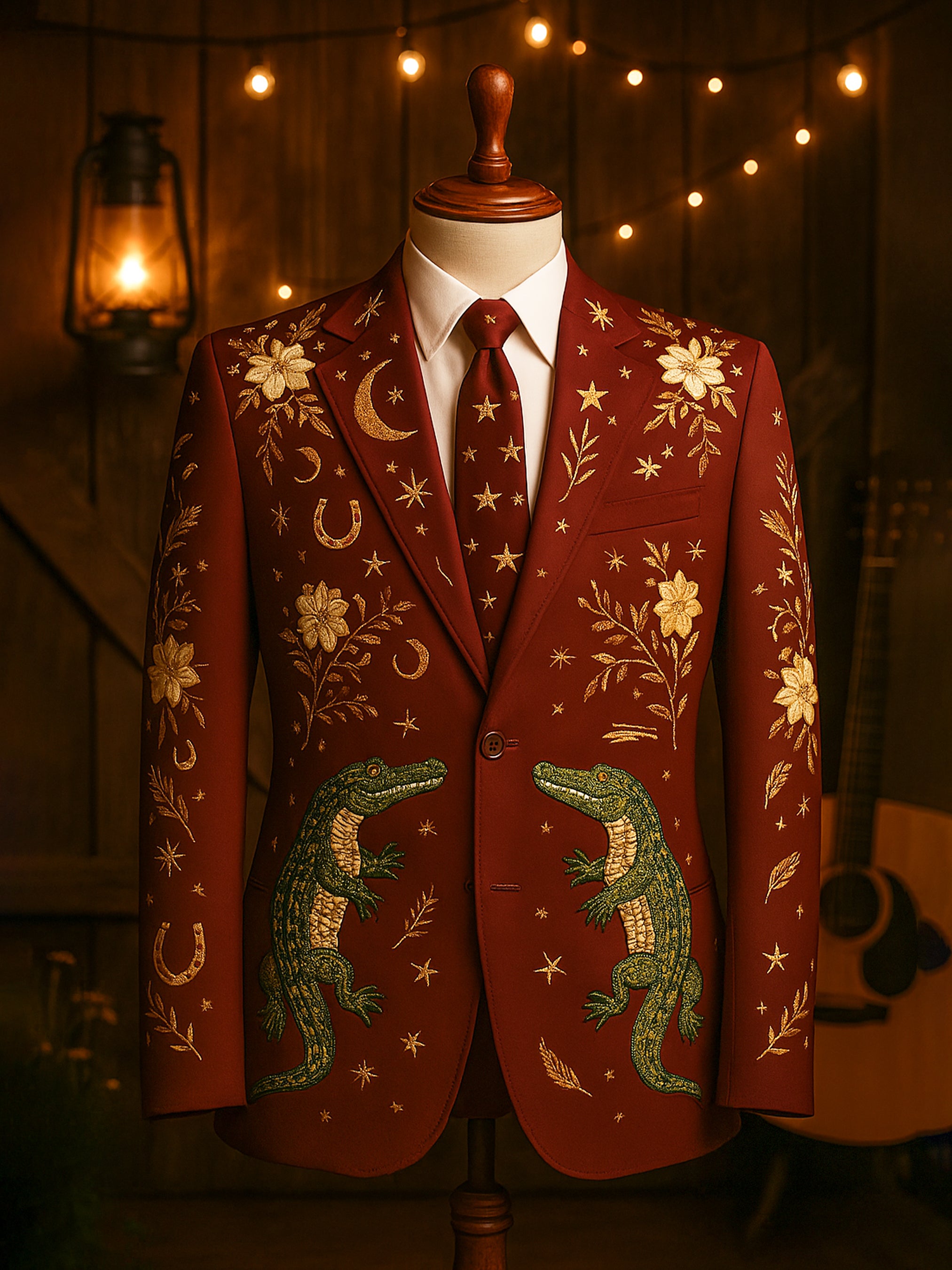 A maroon blazer with gold thread embroidery in the form of florals, crescent moons, stars, and horseshoes, and two green alligator appliques on the front and back.