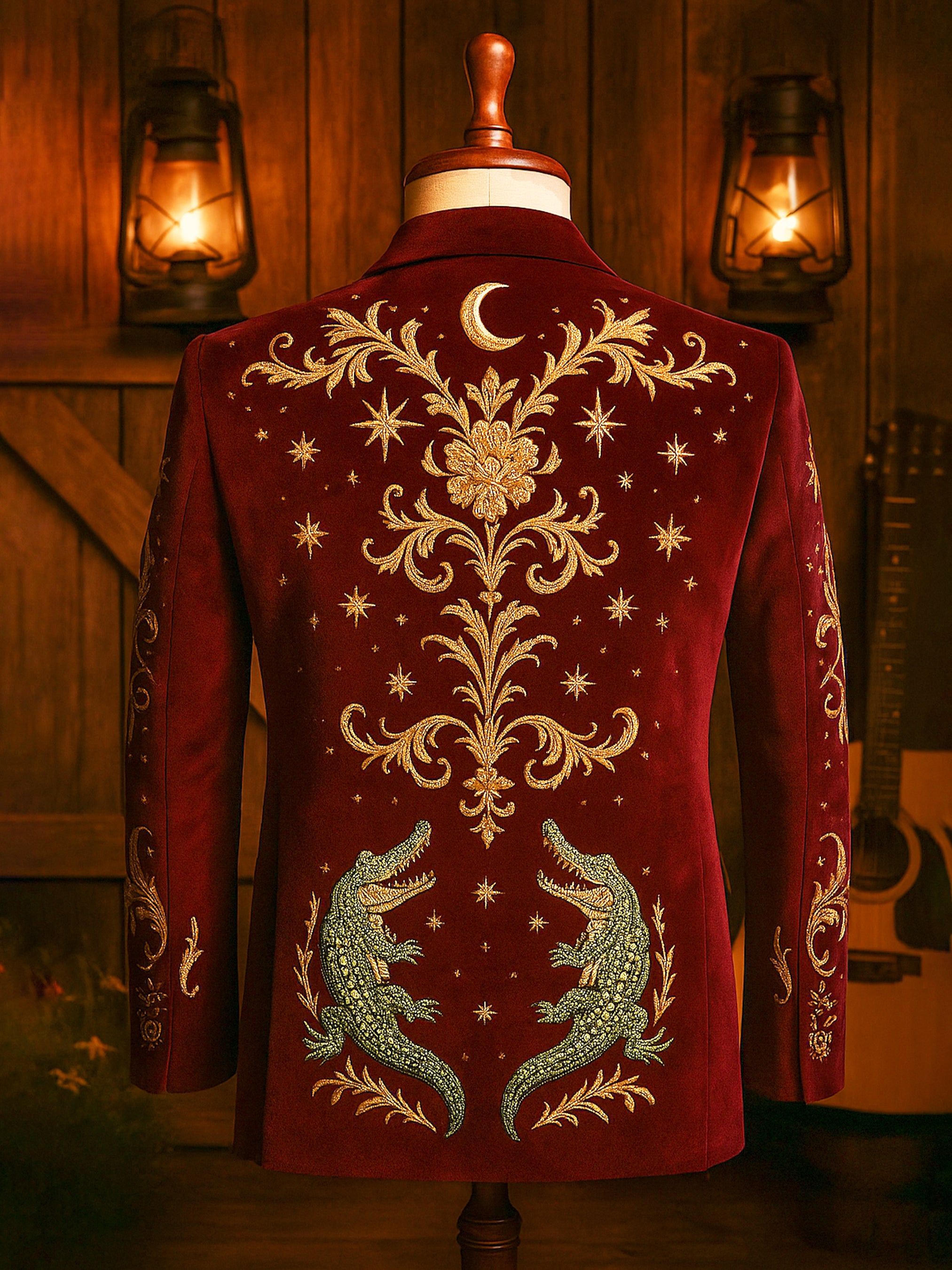 Back view of a maroon blazer with gold thread embroidery in the form of florals, crescent moons, stars,