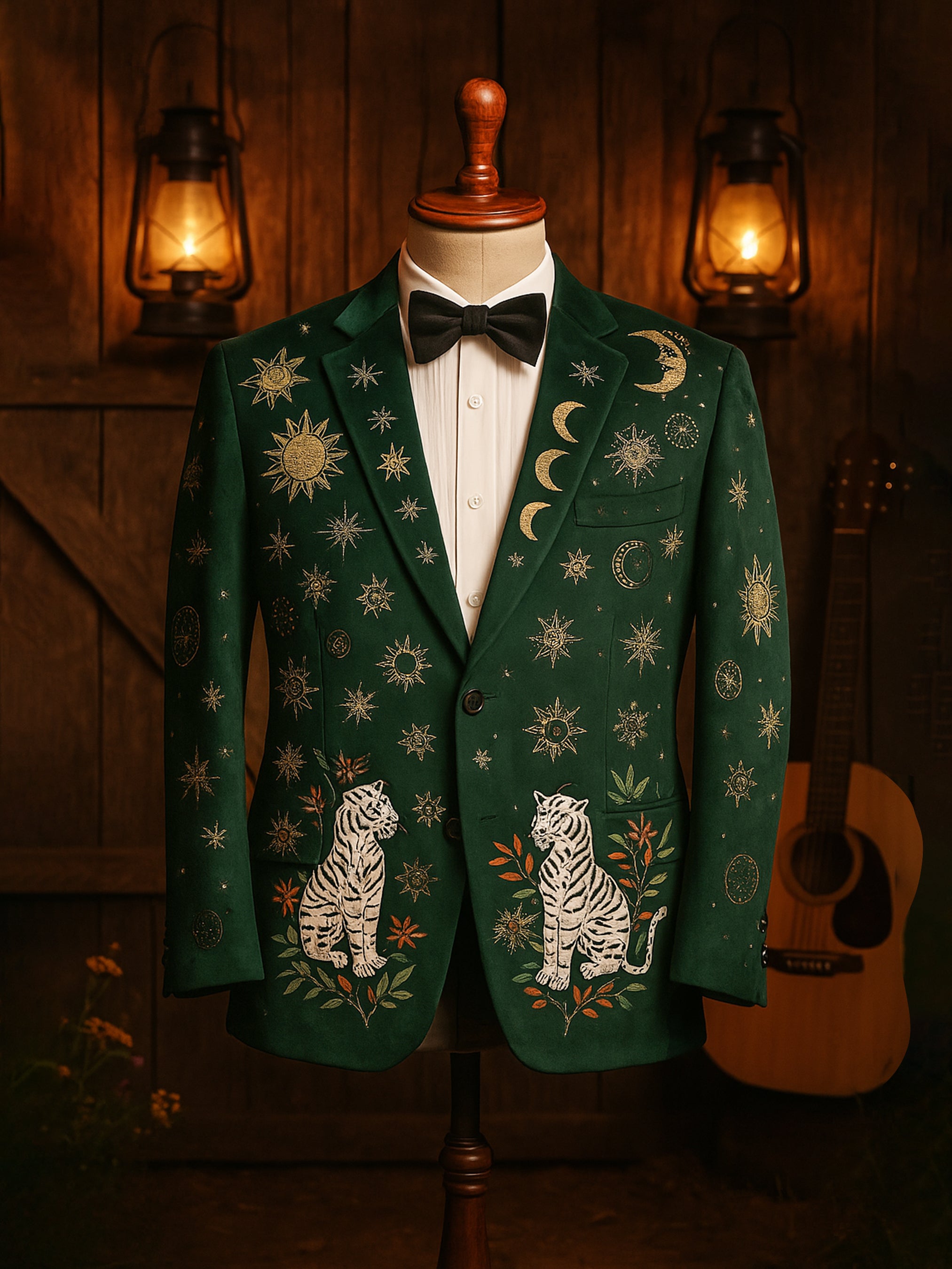 A green blazer with hand-embroidered white tigers, stars, crescent moons, and other celestial bodies displayed against a wooden background with lanterns.
