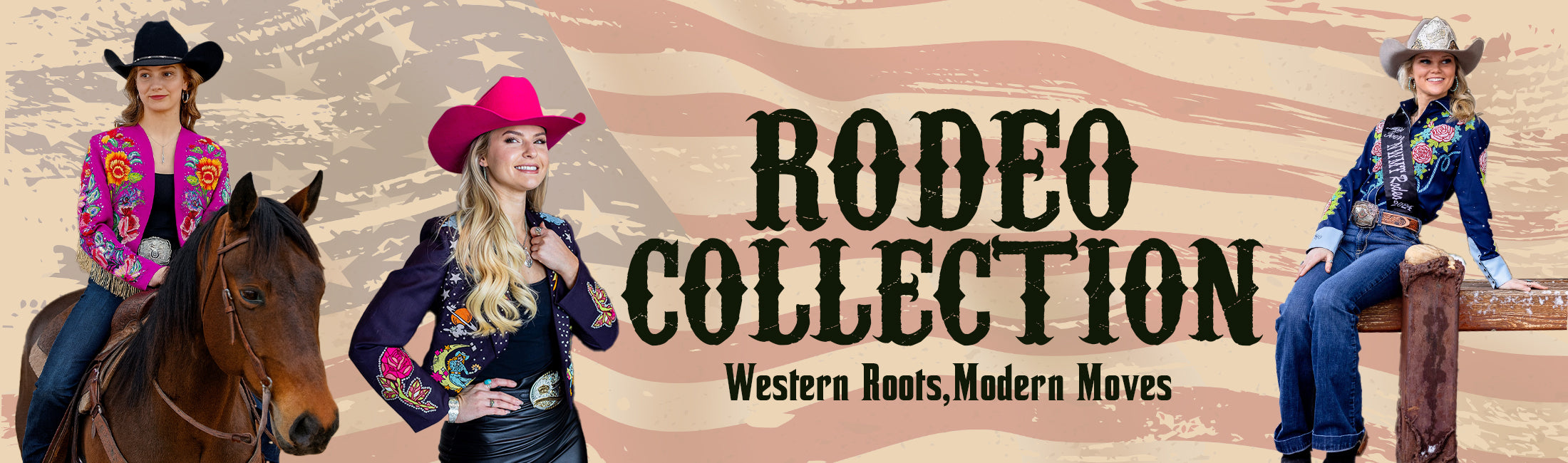 Three people in western attire with horses on a banner labeled 'Rodeo Collection'.