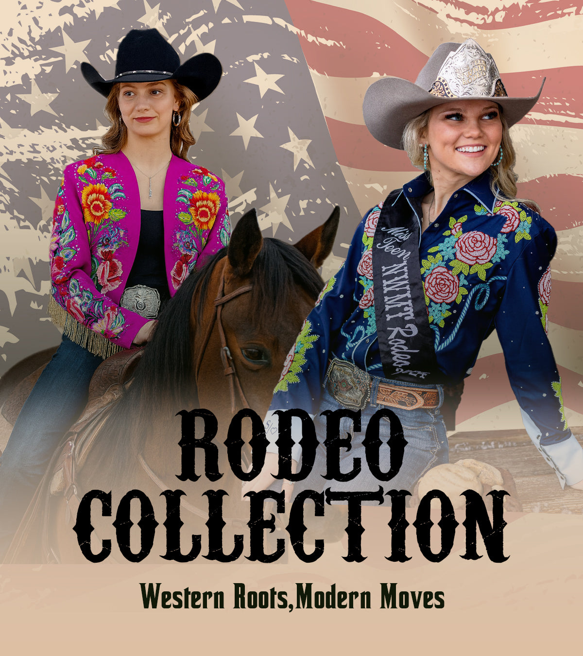 Two women in cowboy hats and traditional outfits with a horse, American flag background, and 'Rodeo Collection' text.