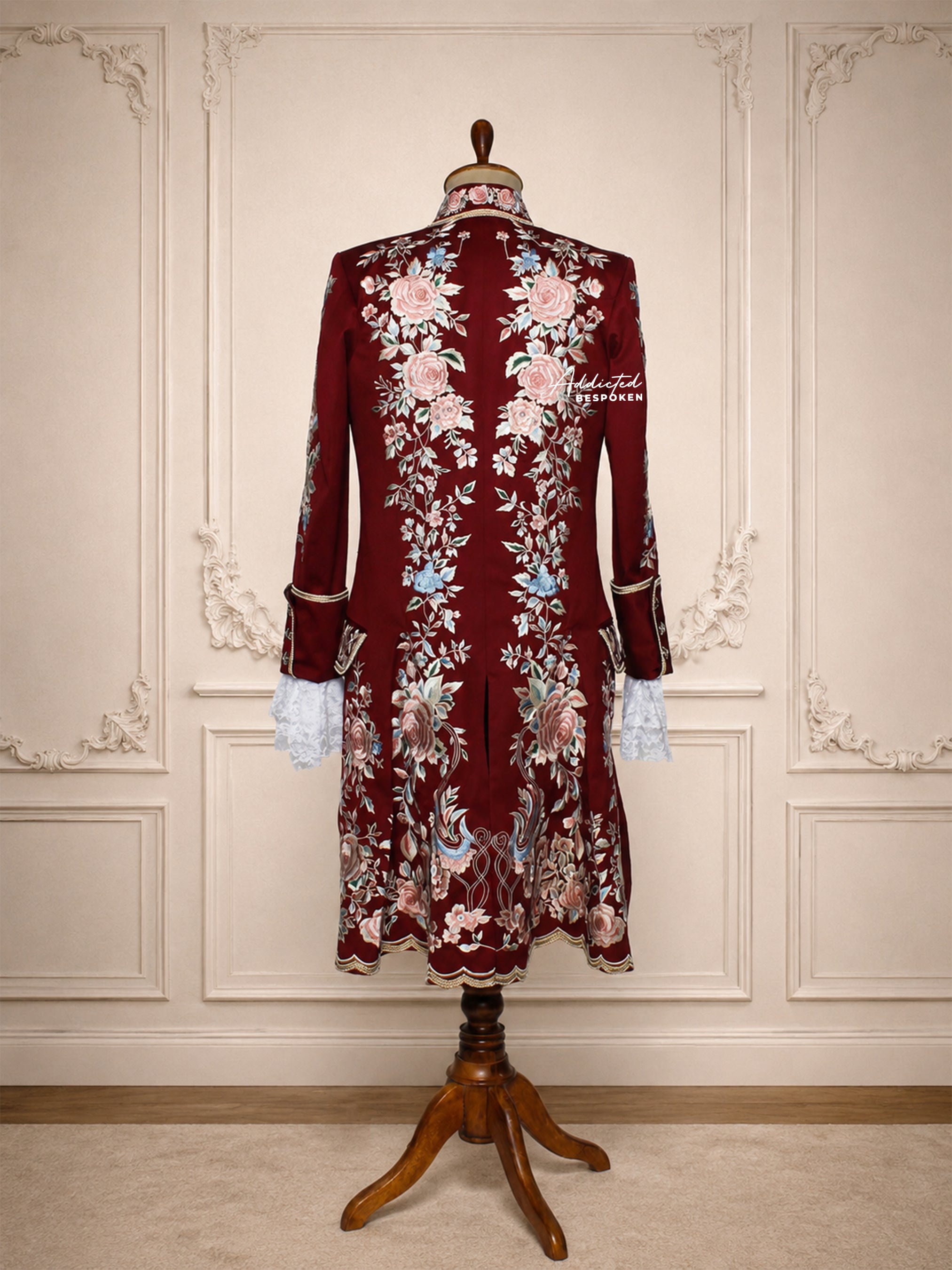 Burgundy Embroidered Men's Long Coat Addicted Bespoken