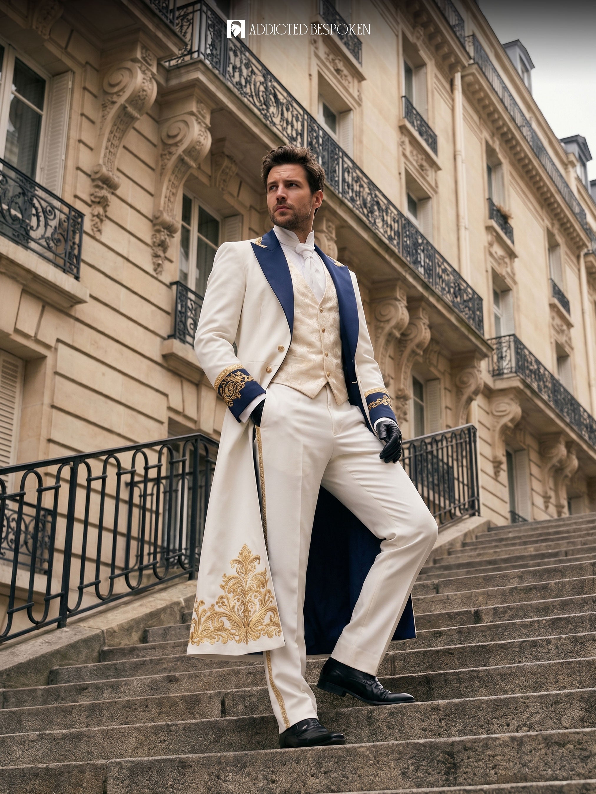 Regal White Embroidered Long coat Suit Addicted Bespoken