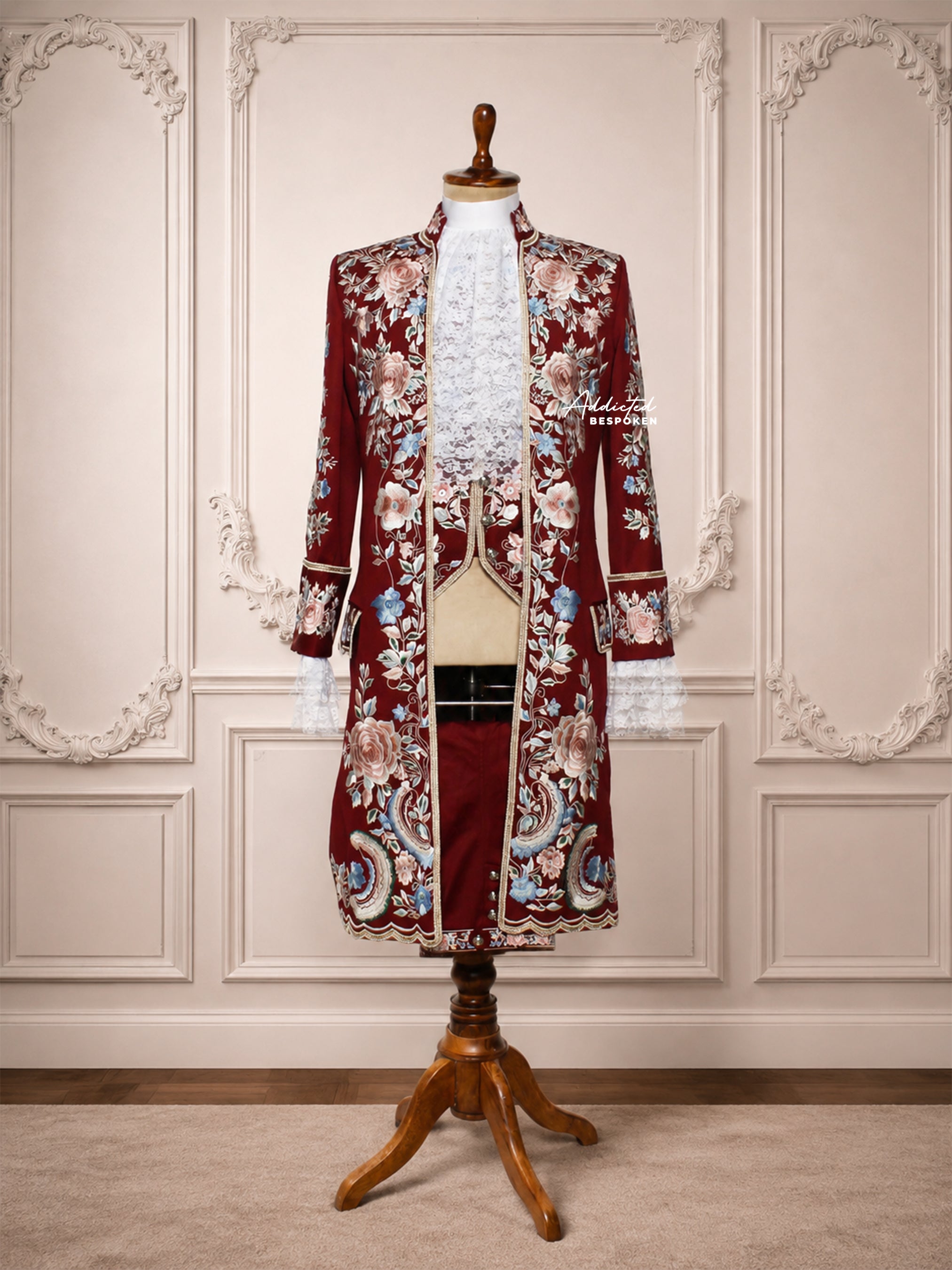 Burgundy Embroidered Men's Long Coat Addicted Bespoken