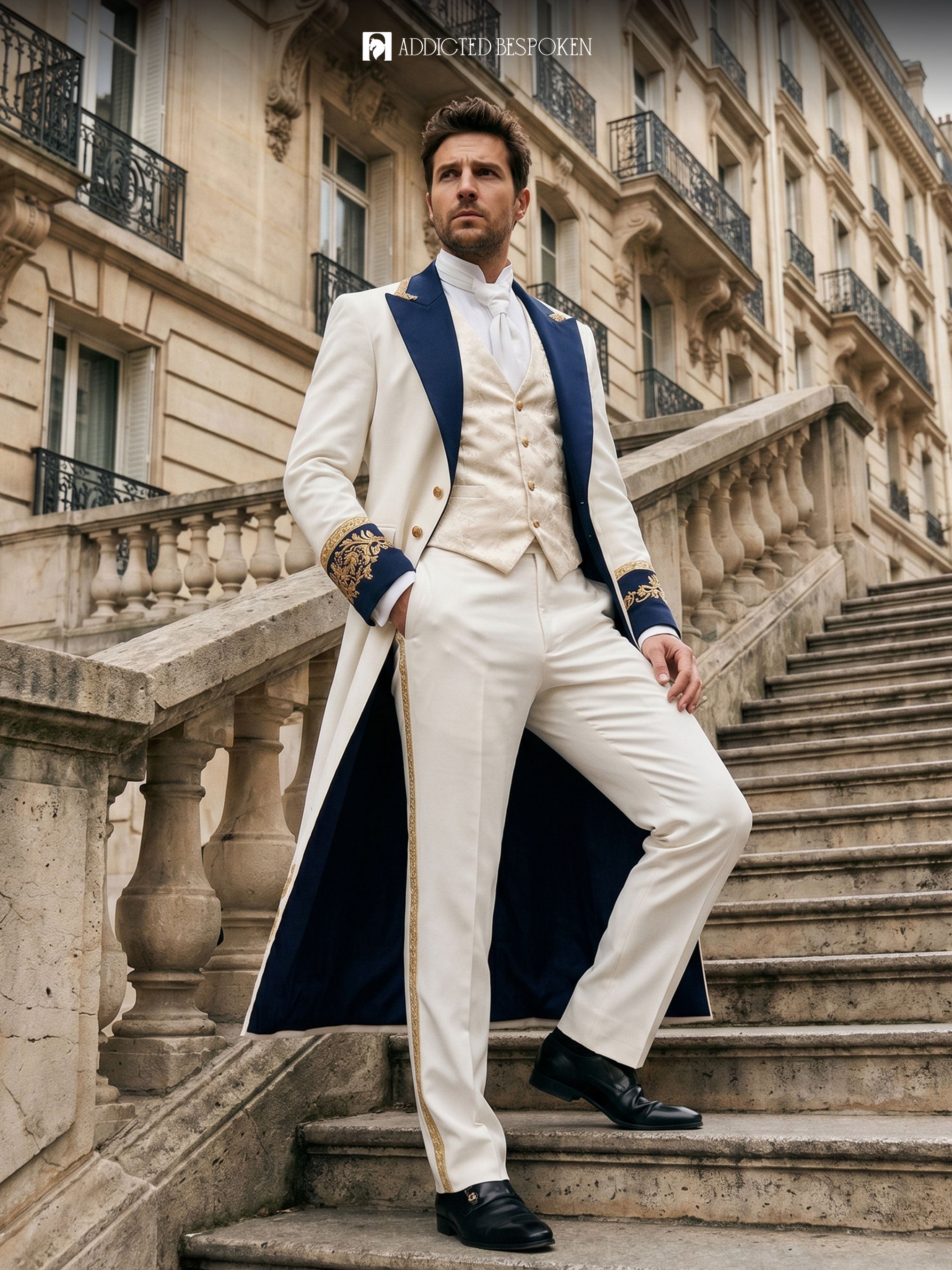 Regal White Embroidered Long coat Suit Addicted Bespoken