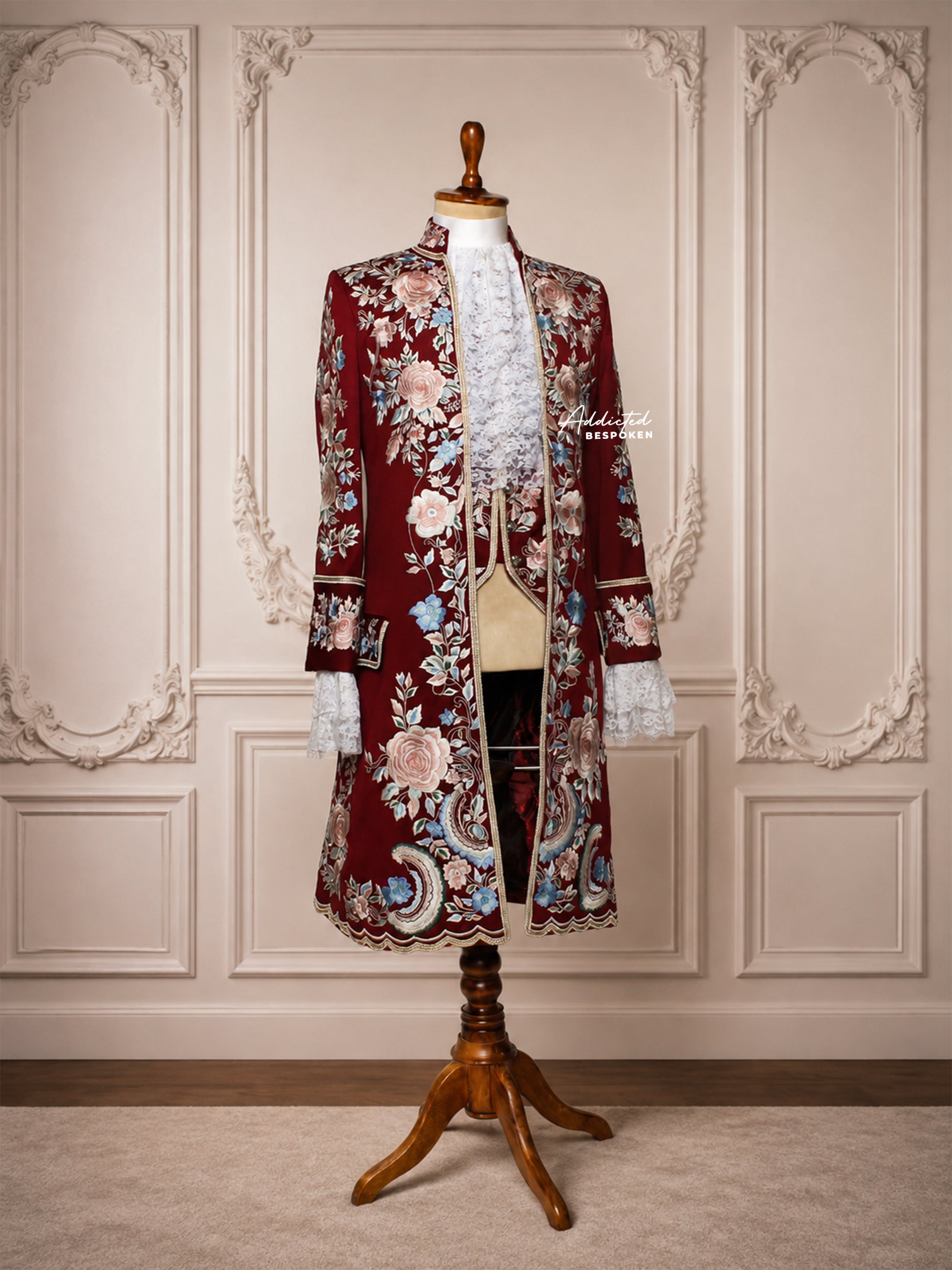 Burgundy Embroidered Men's Long Coat Addicted Bespoken