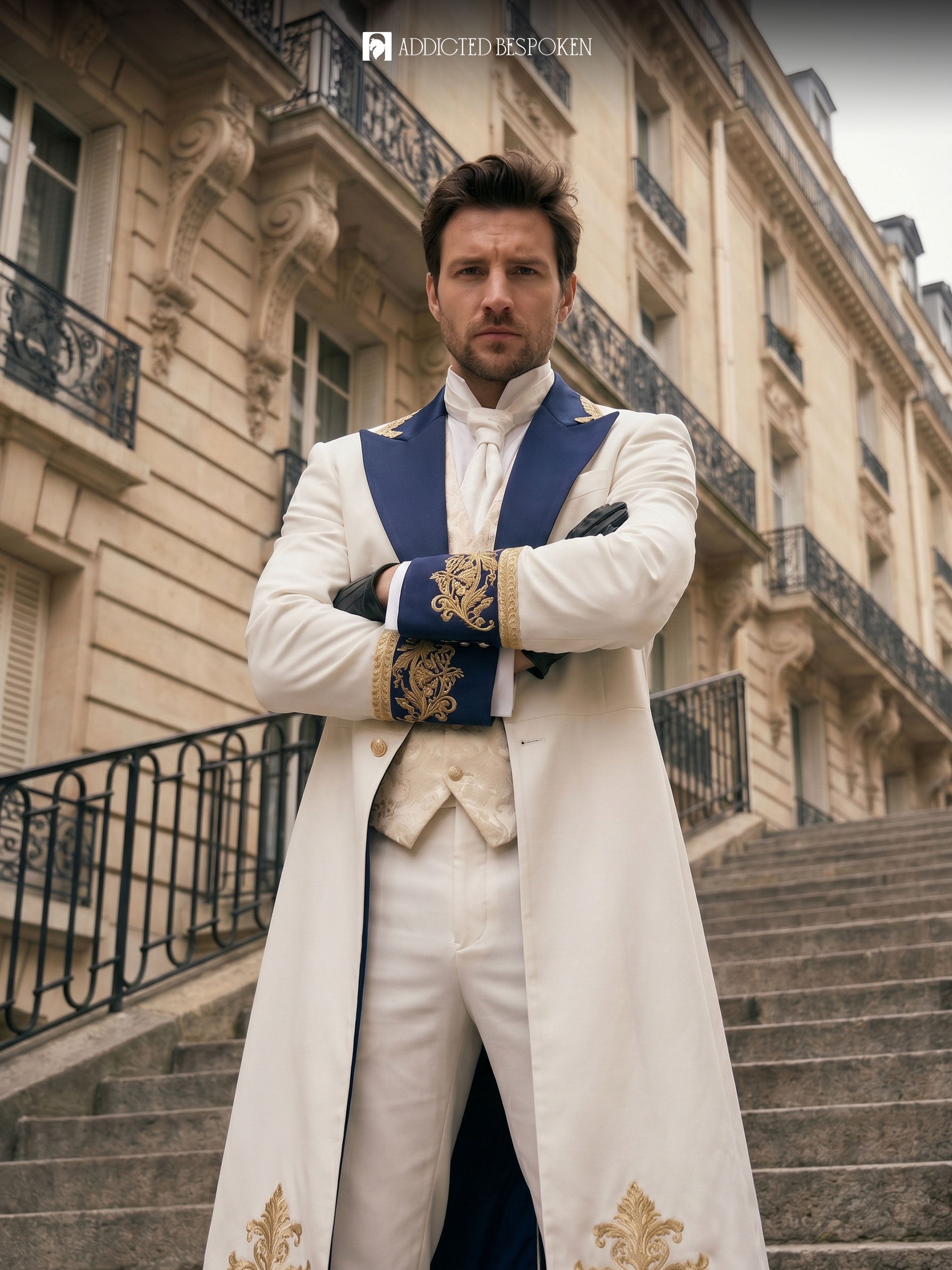 Regal White Embroidered Long coat Suit Addicted Bespoken