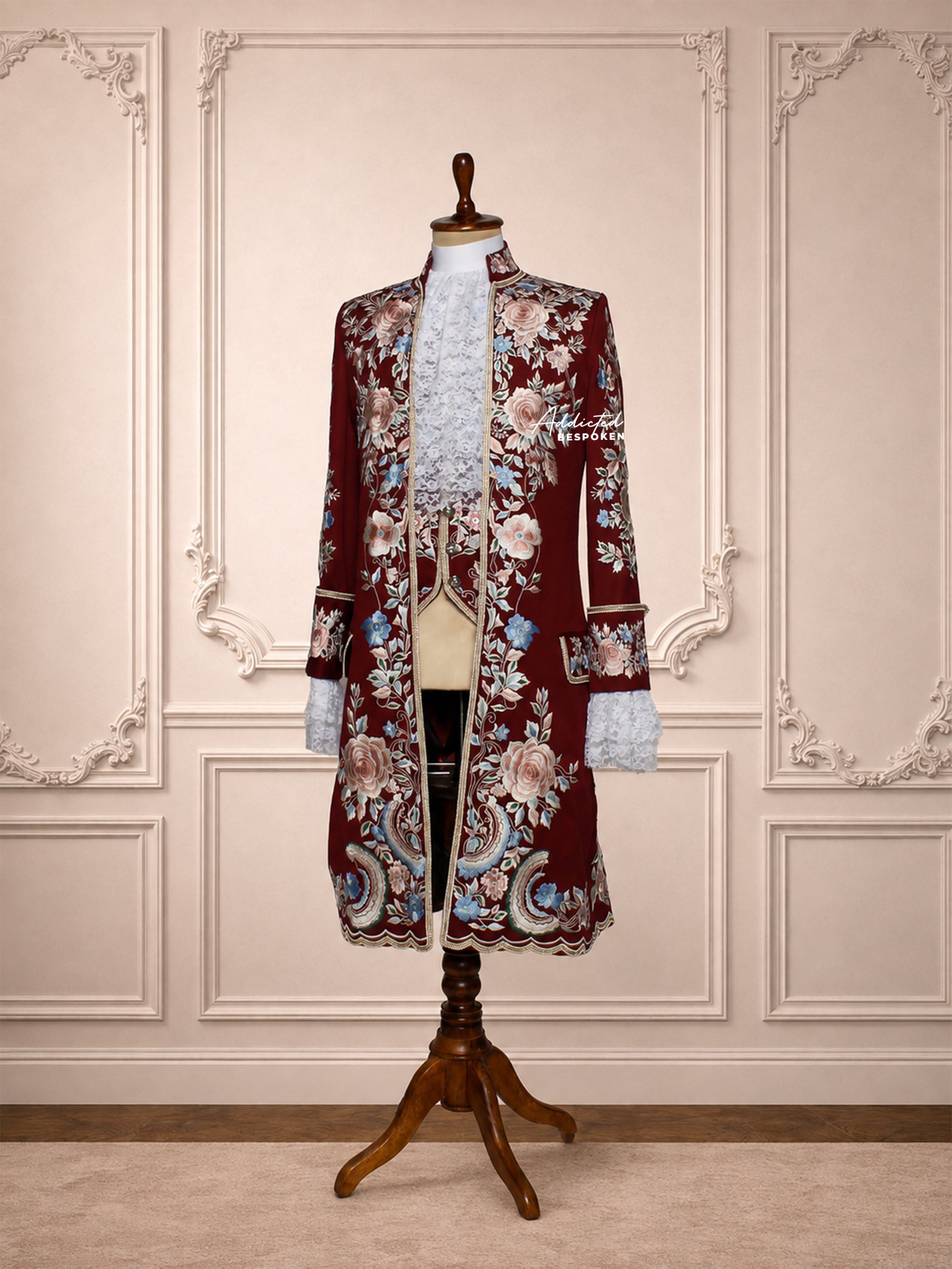 Burgundy Embroidered Men's Long Coat Addicted Bespoken