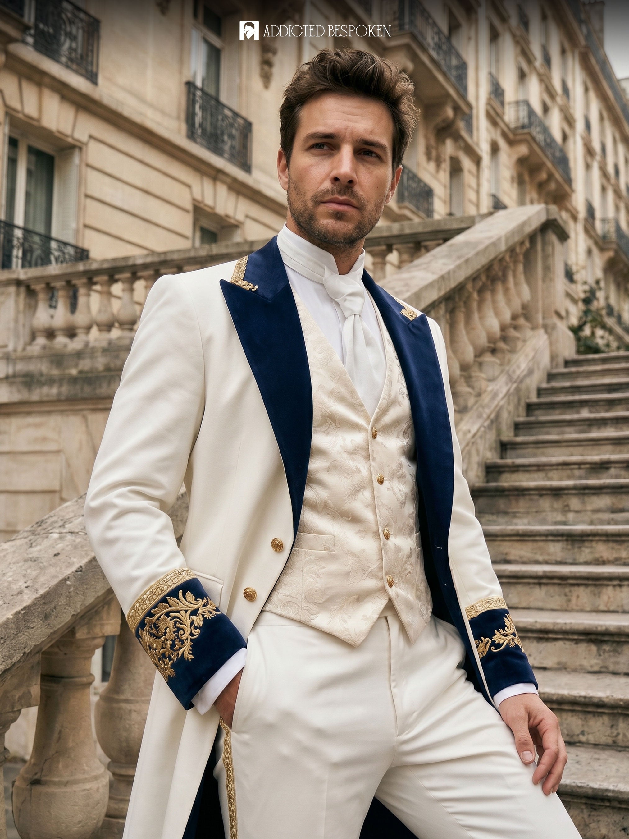 Regal White Embroidered Long coat Suit Addicted Bespoken