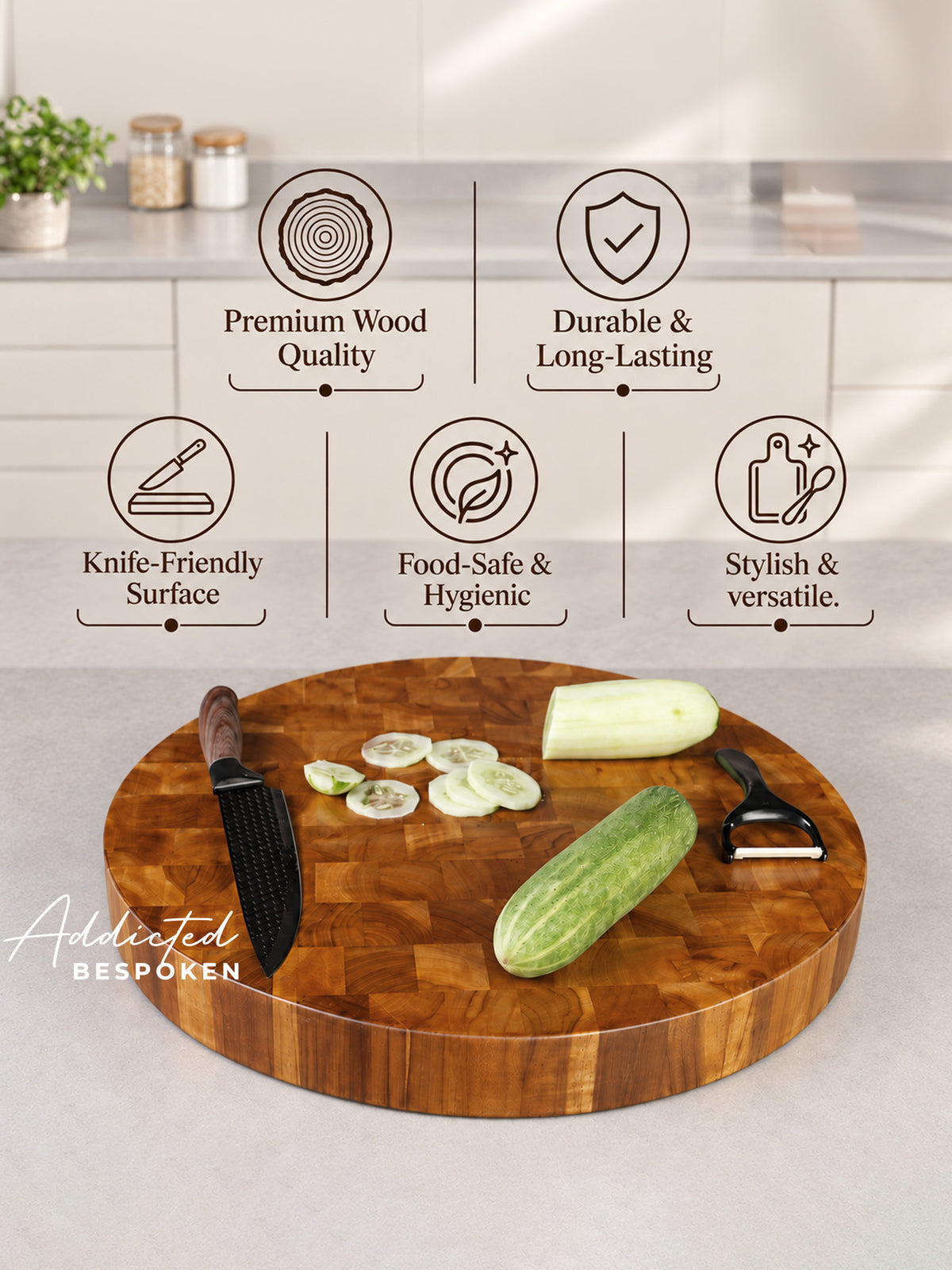 Round End Grain Wooden Chopping Board – Handmade Circular Cutting Board for Kitchen Addicted Bespoken