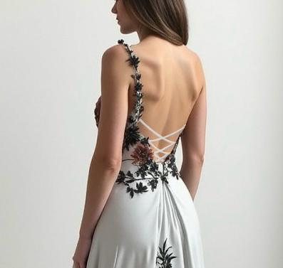 Floral Embroidered Backless Gown with Flowing Silhouette