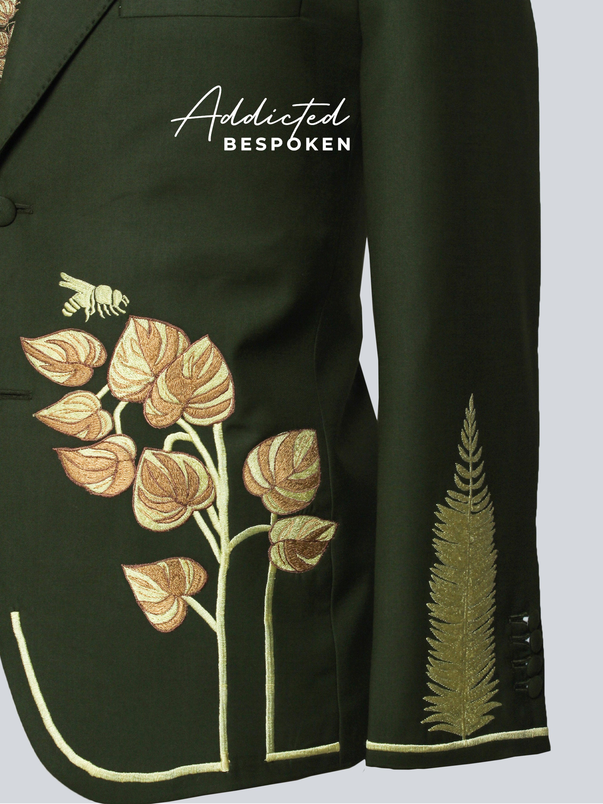 Green jacket with floral embroidery and 'Addicted Bespoken' branding