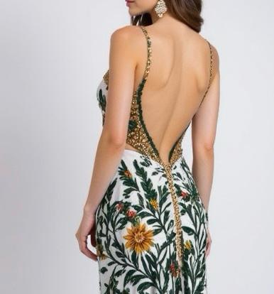Plunging Back and High Slit Embroidered Botanical Elegance Gown