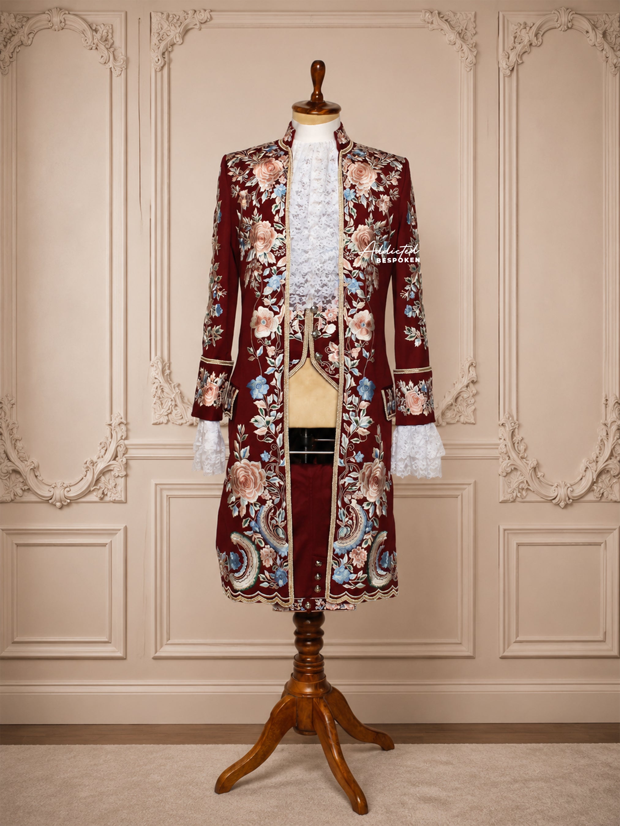 Burgundy Embroidered Men's Long Coat Addicted Bespoken