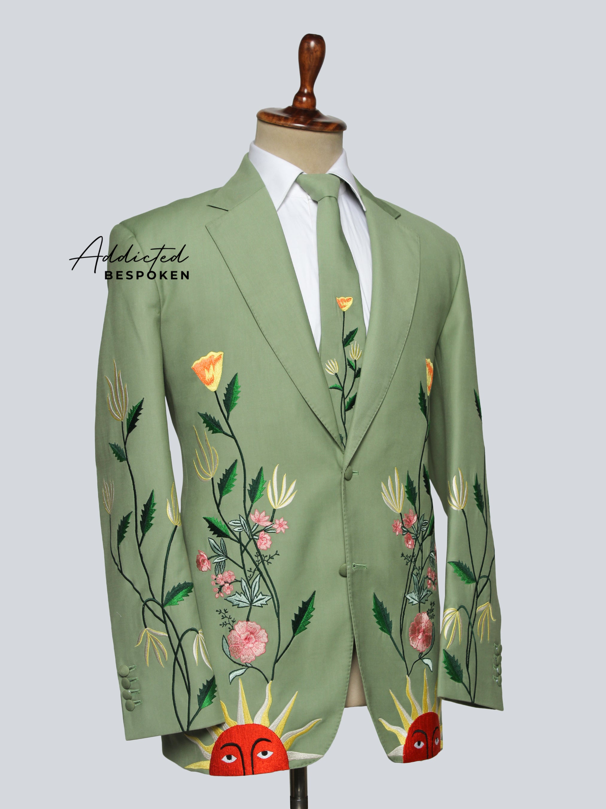 Sun Bloom Western Suit side view – men’s embroidered green western suit with floral and sun artwork