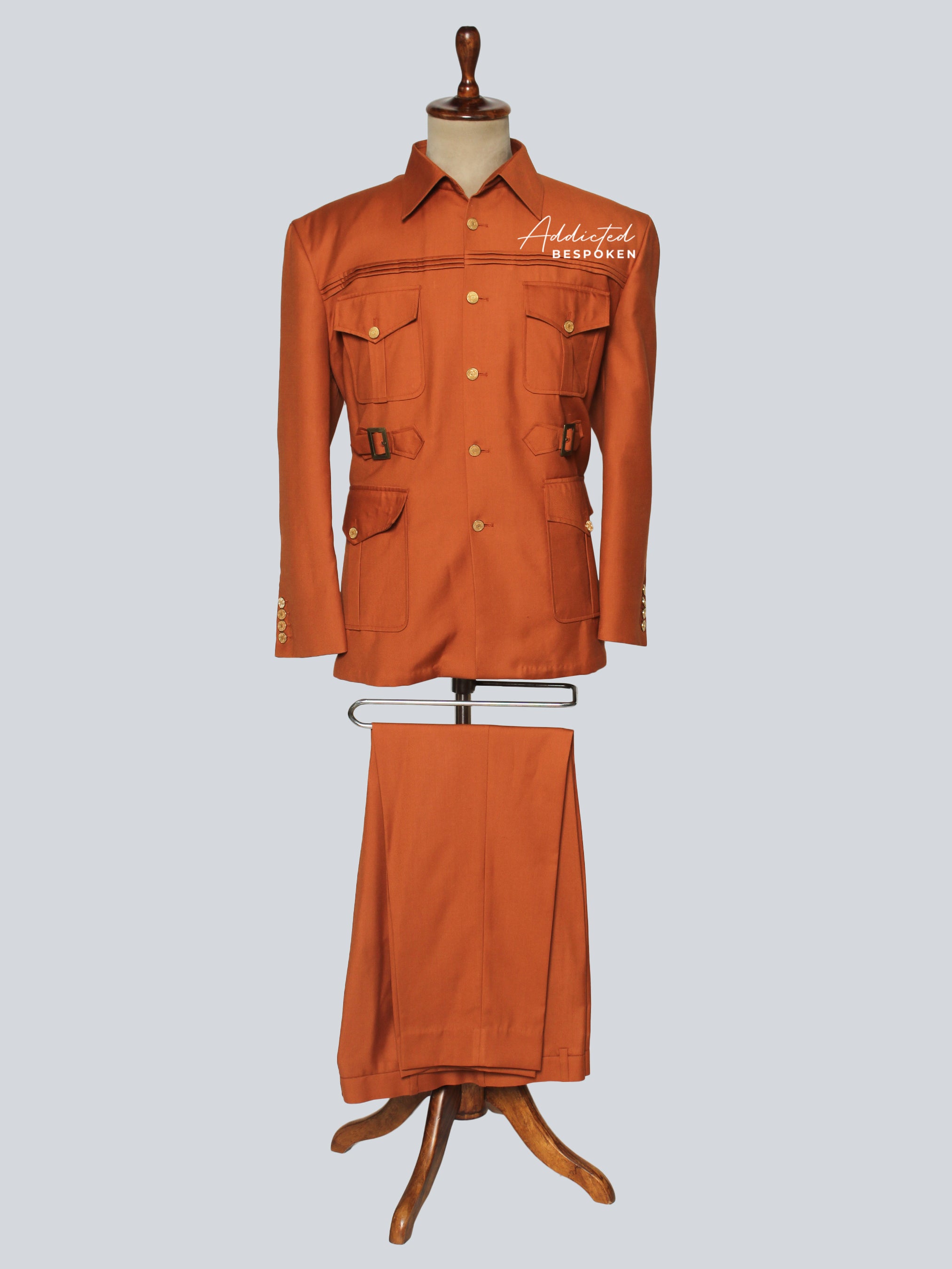 Signature safari suit for men in rust brown – bespoke tailored safari style by Addicted Bespoken