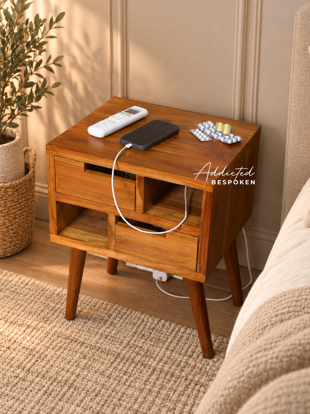 Custom handmade wooden side table | Mid-century bedside table with drawers and open shelves Addicted Bespoken