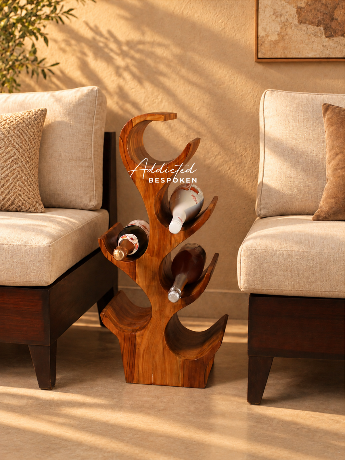 Handcrafted Teak Wood Wine Rack | Tree Shaped Floor Wine Bottle Holder | Rustic Home Bar Decor Addicted Bespoken