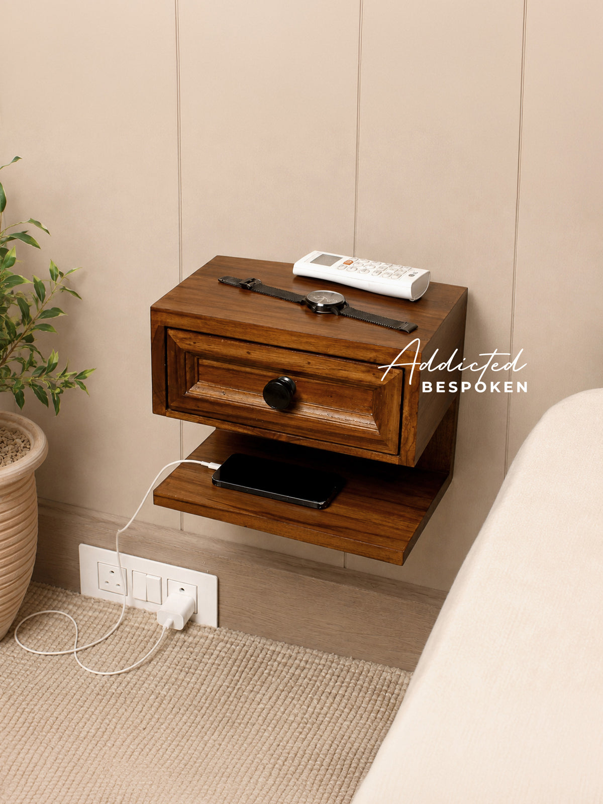 Custom handmade wooden floating nightstand | Wall mounted bedside table with drawer and open shelf, mid-century style Addicted Bespoken