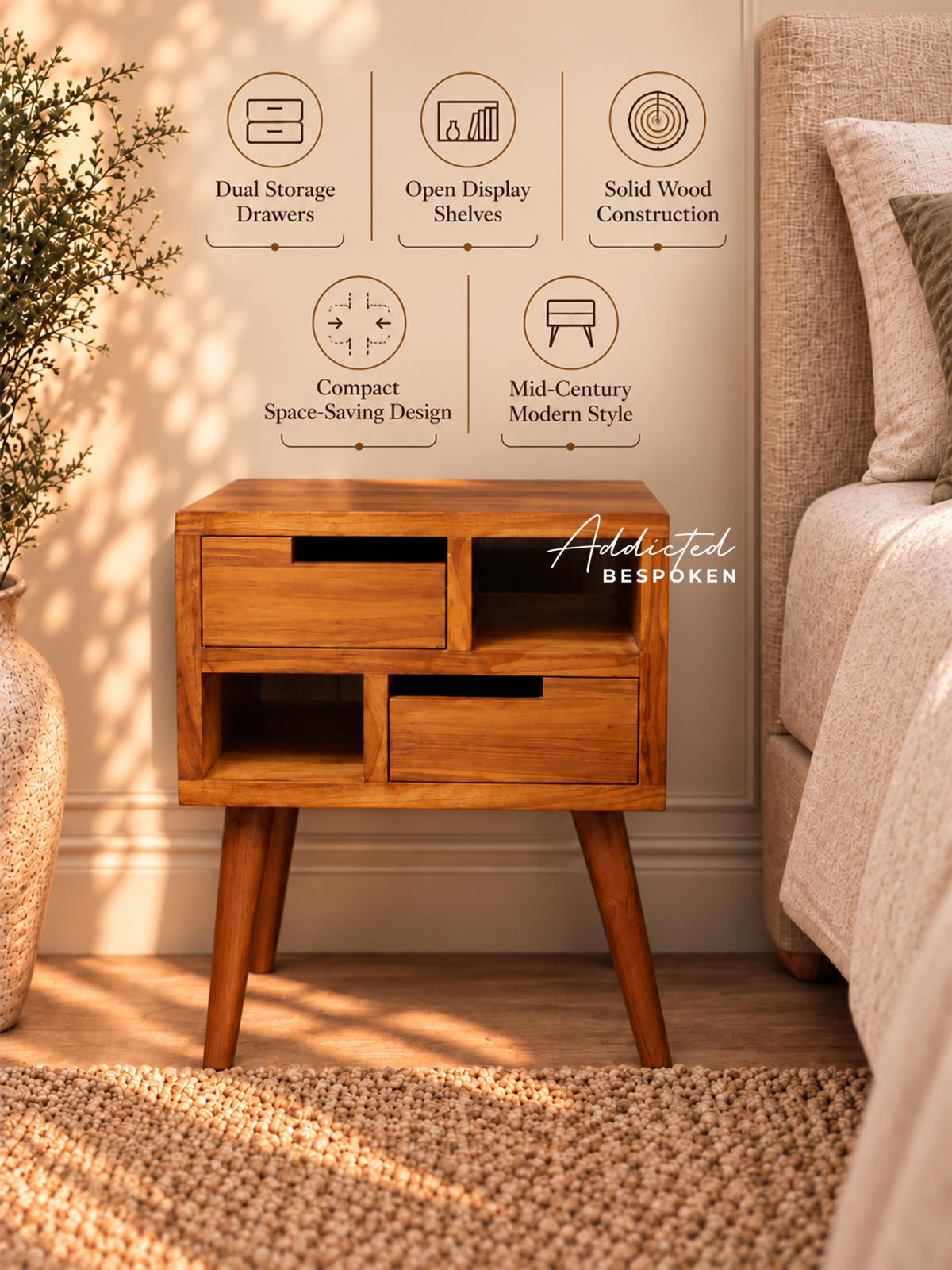 Custom handmade wooden side table | Mid-century bedside table with drawers and open shelves Addicted Bespoken