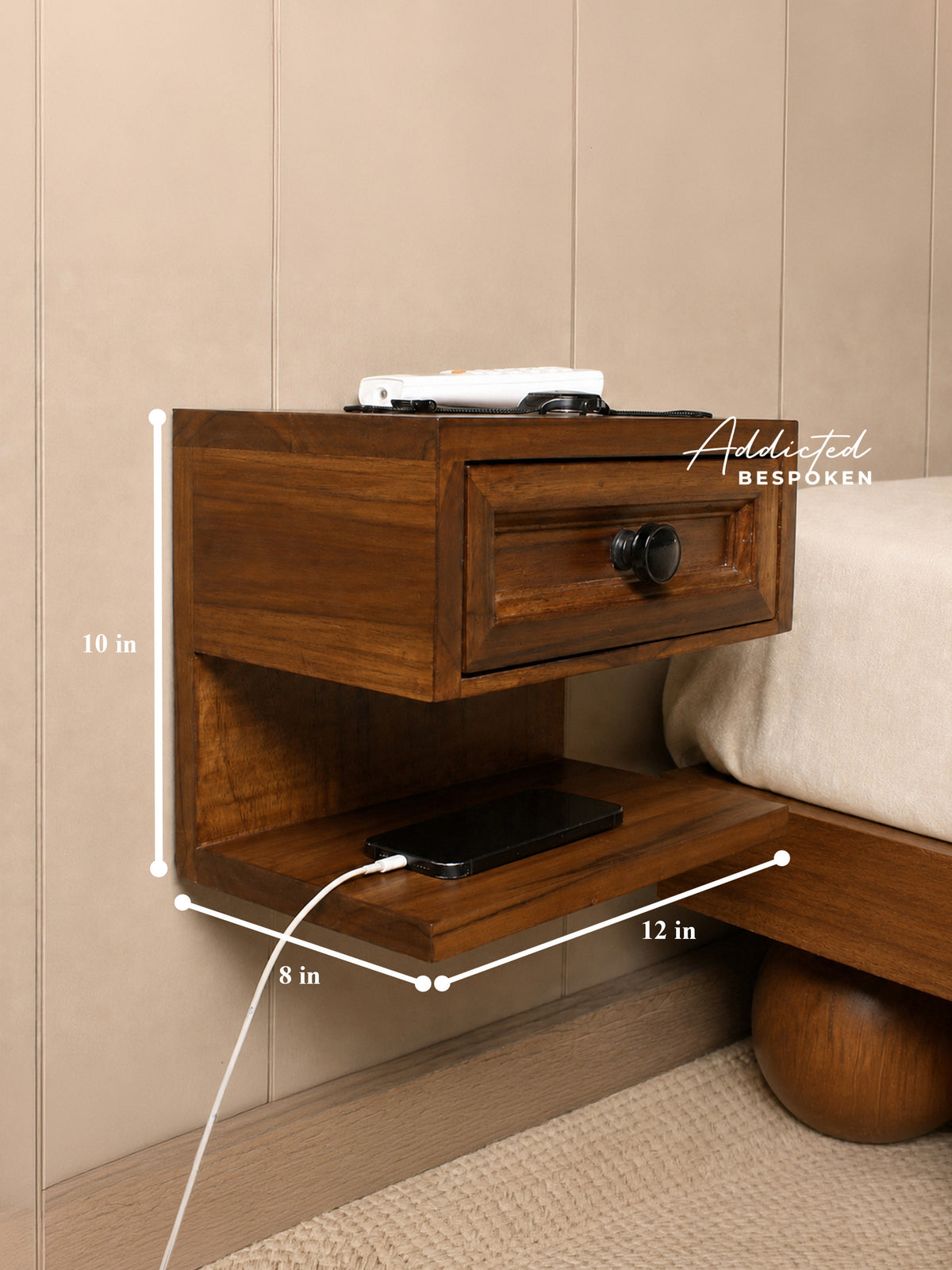 Custom handmade wooden floating nightstand | Wall mounted bedside table with drawer and open shelf, mid-century style Addicted Bespoken