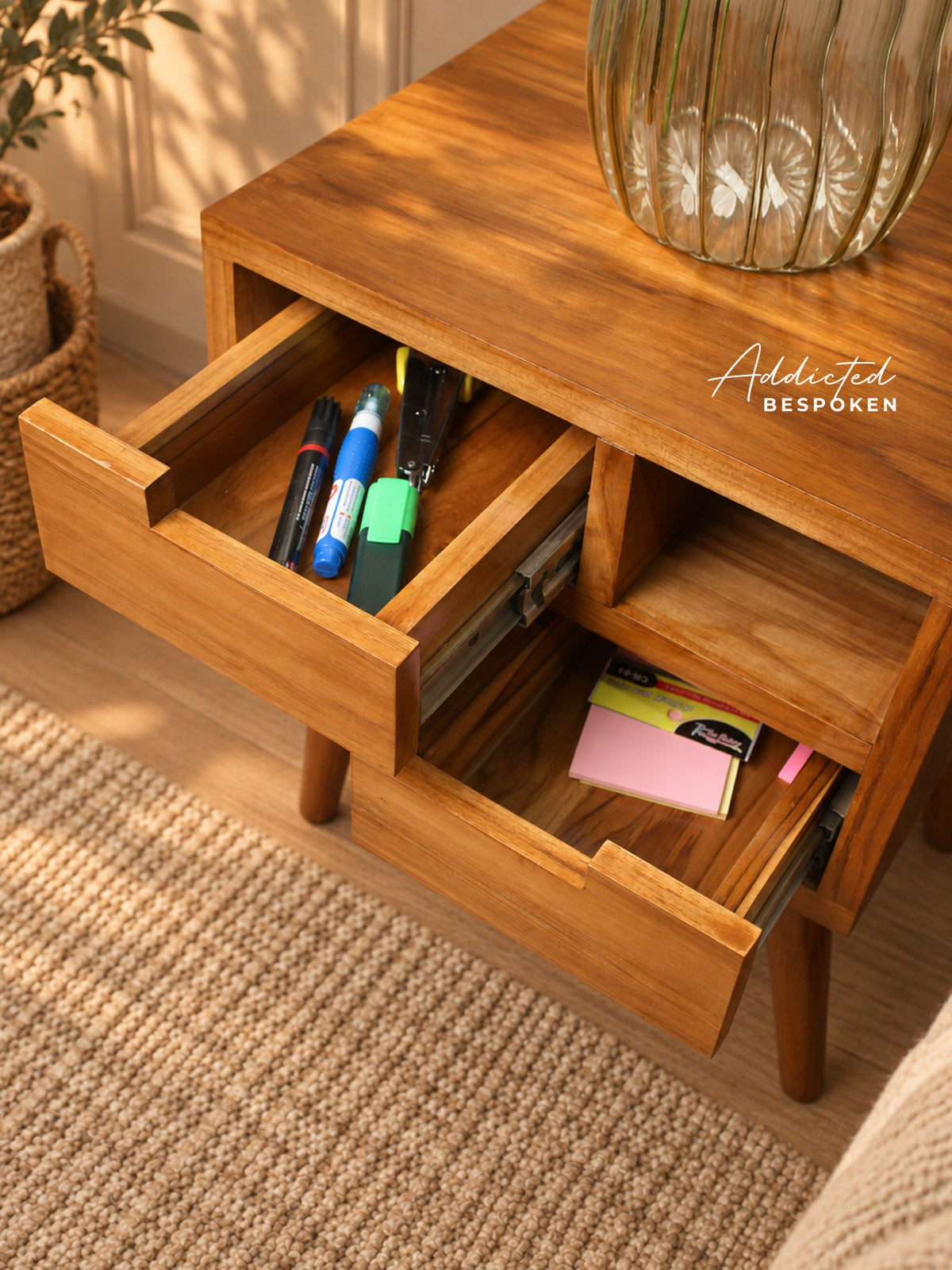 Custom handmade wooden side table | Mid-century bedside table with drawers and open shelves Addicted Bespoken