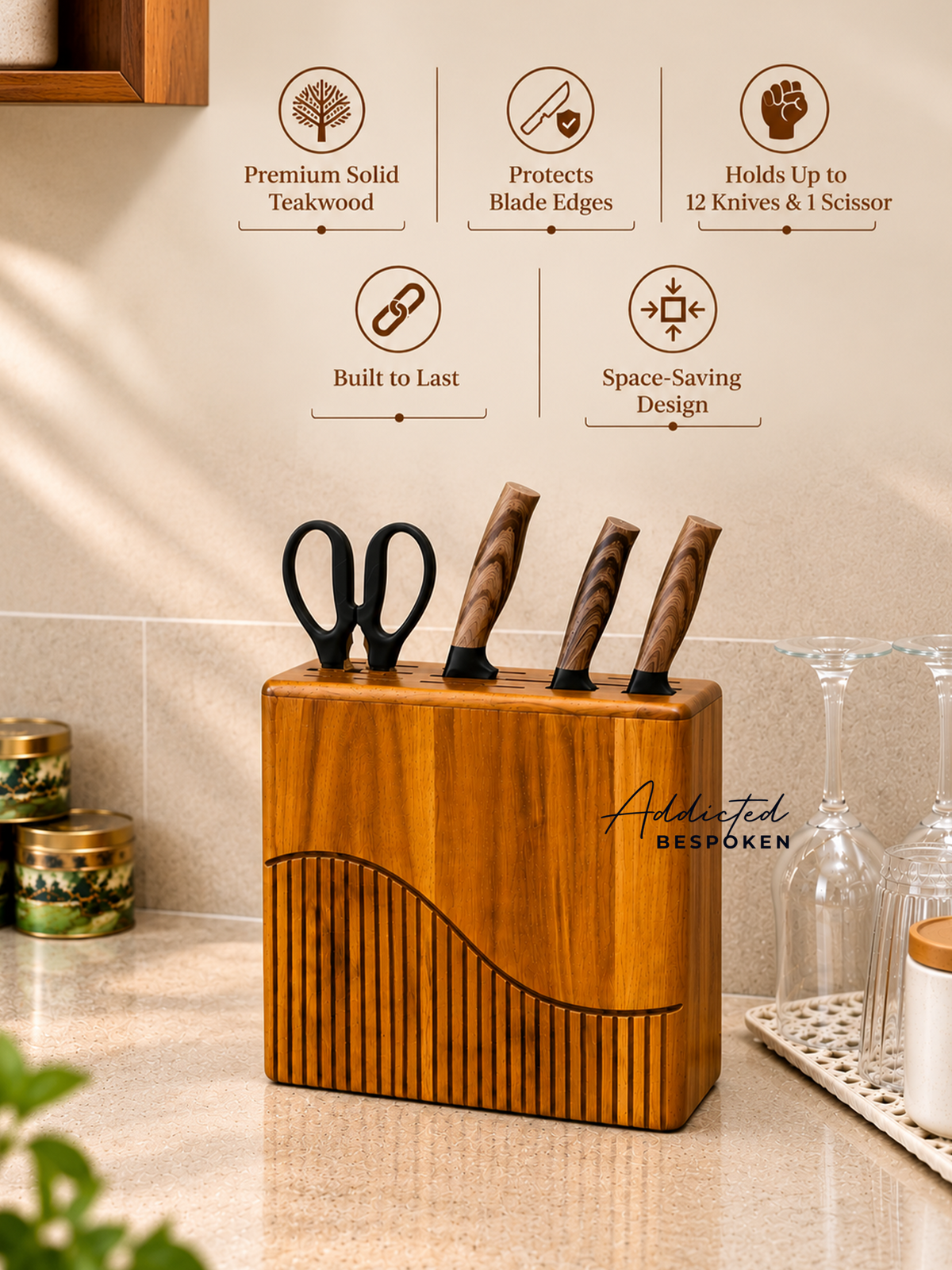 Custom handmade wooden knife block | Countertop knife holder with scissor slot Addicted Bespoken