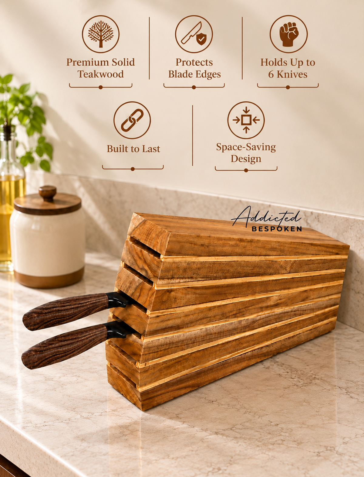 Wooden knife holder with knives