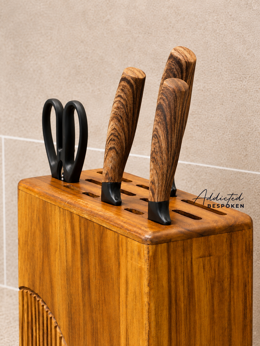 Custom handmade wooden knife block | Countertop knife holder with scissor slot Addicted Bespoken