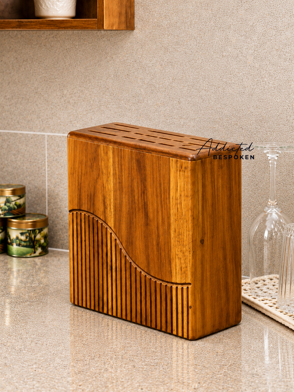 Custom handmade wooden knife block | Countertop knife holder with scissor slot Addicted Bespoken