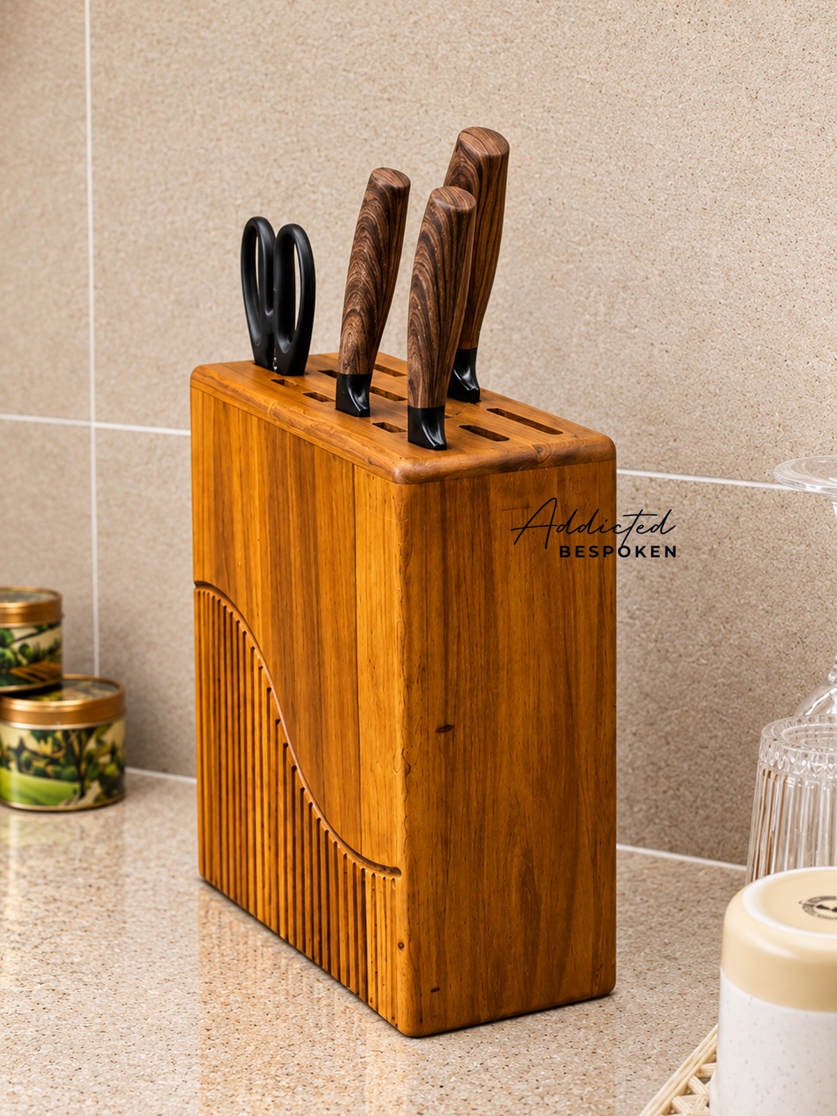 Custom handmade wooden knife block | Countertop knife holder with scissor slot Addicted Bespoken