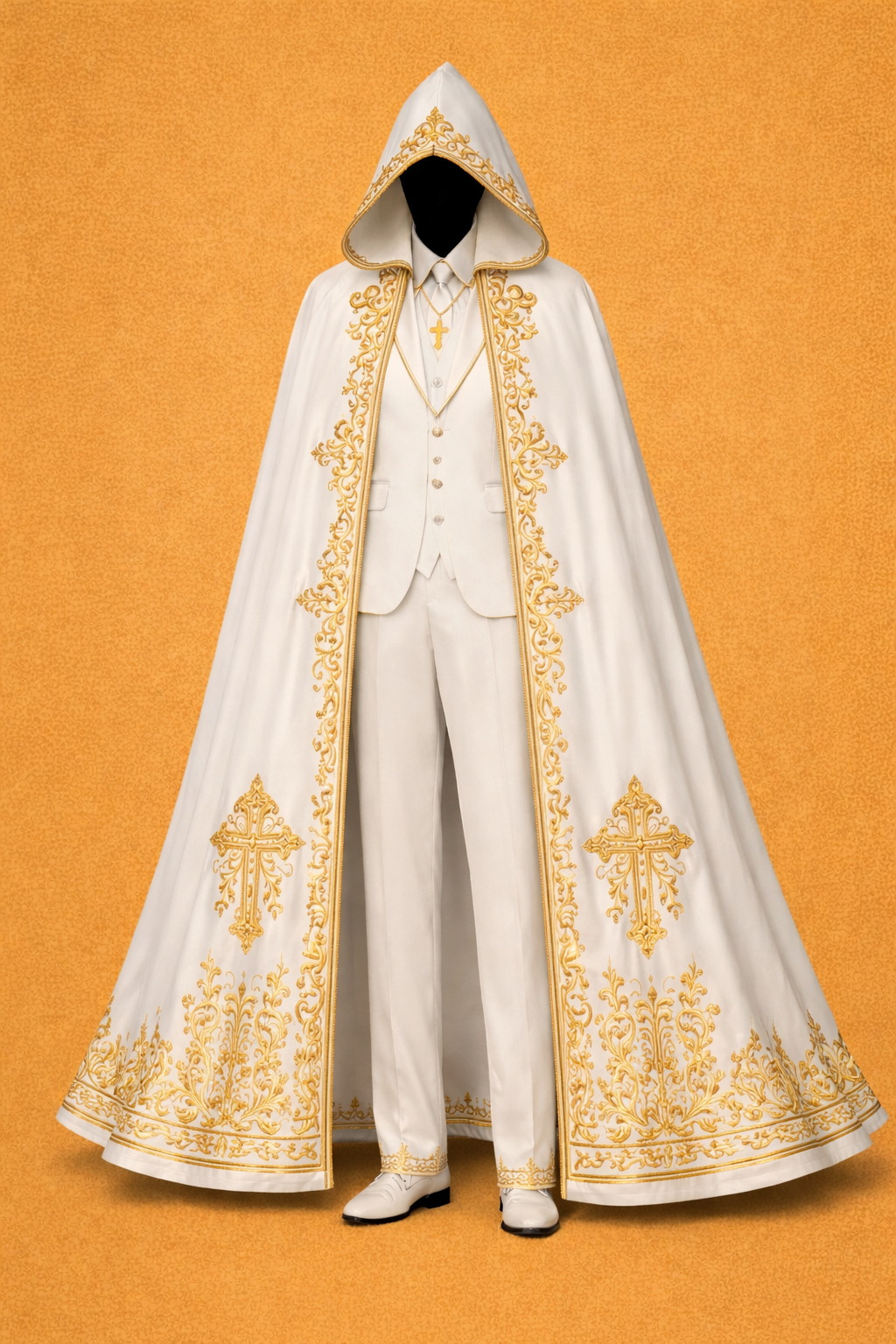 White Embroidered Cape with gold embroidery on an orange background