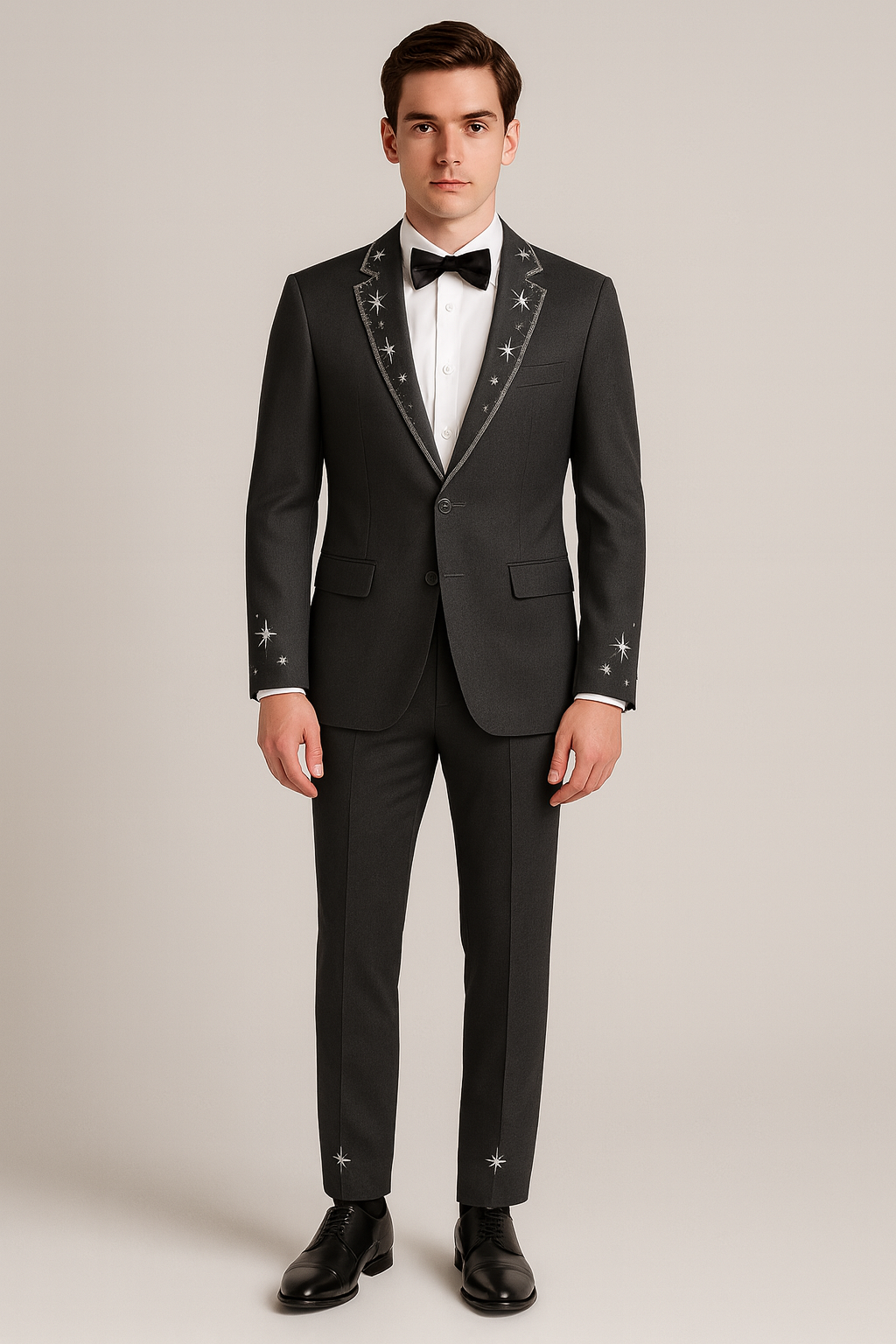 Man wearing a black tuxedo with star patterns on a plain background
