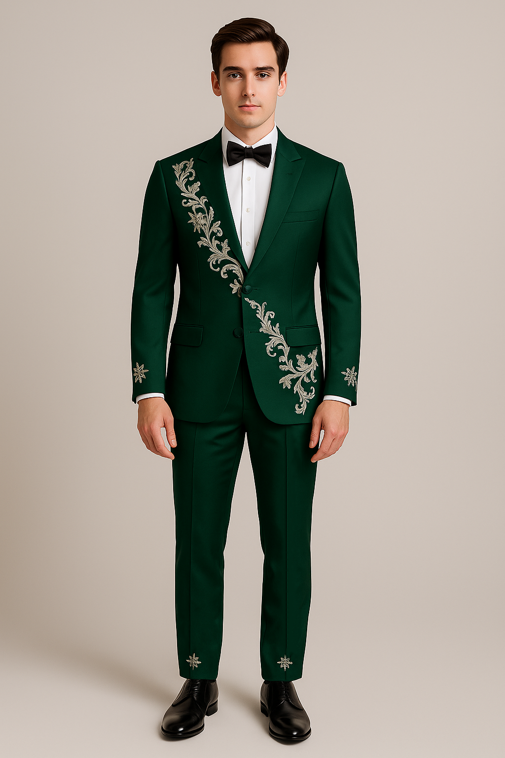 A men wears a green prom suit 
