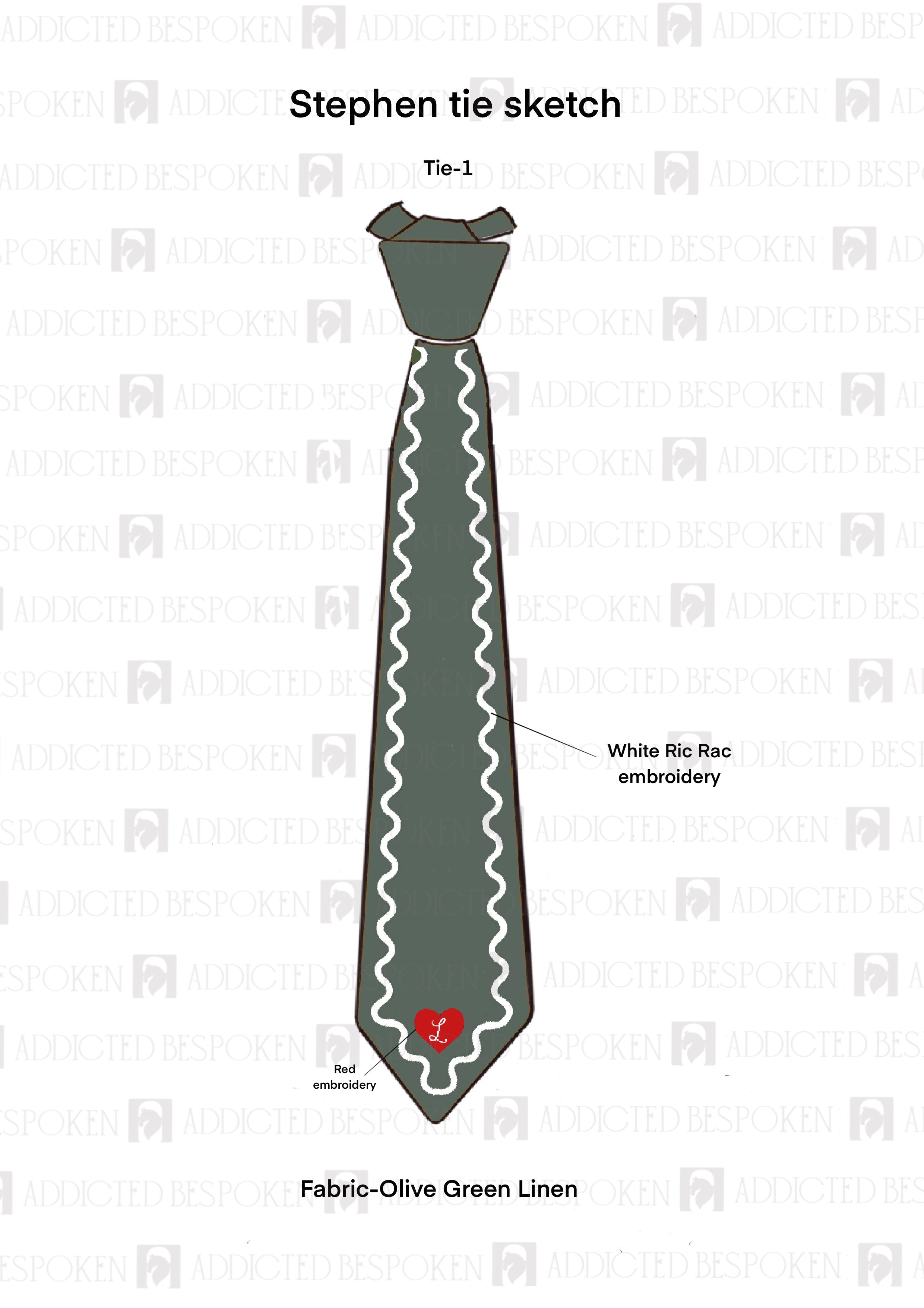 Olive green Linen tie with embroidered white ric-rac