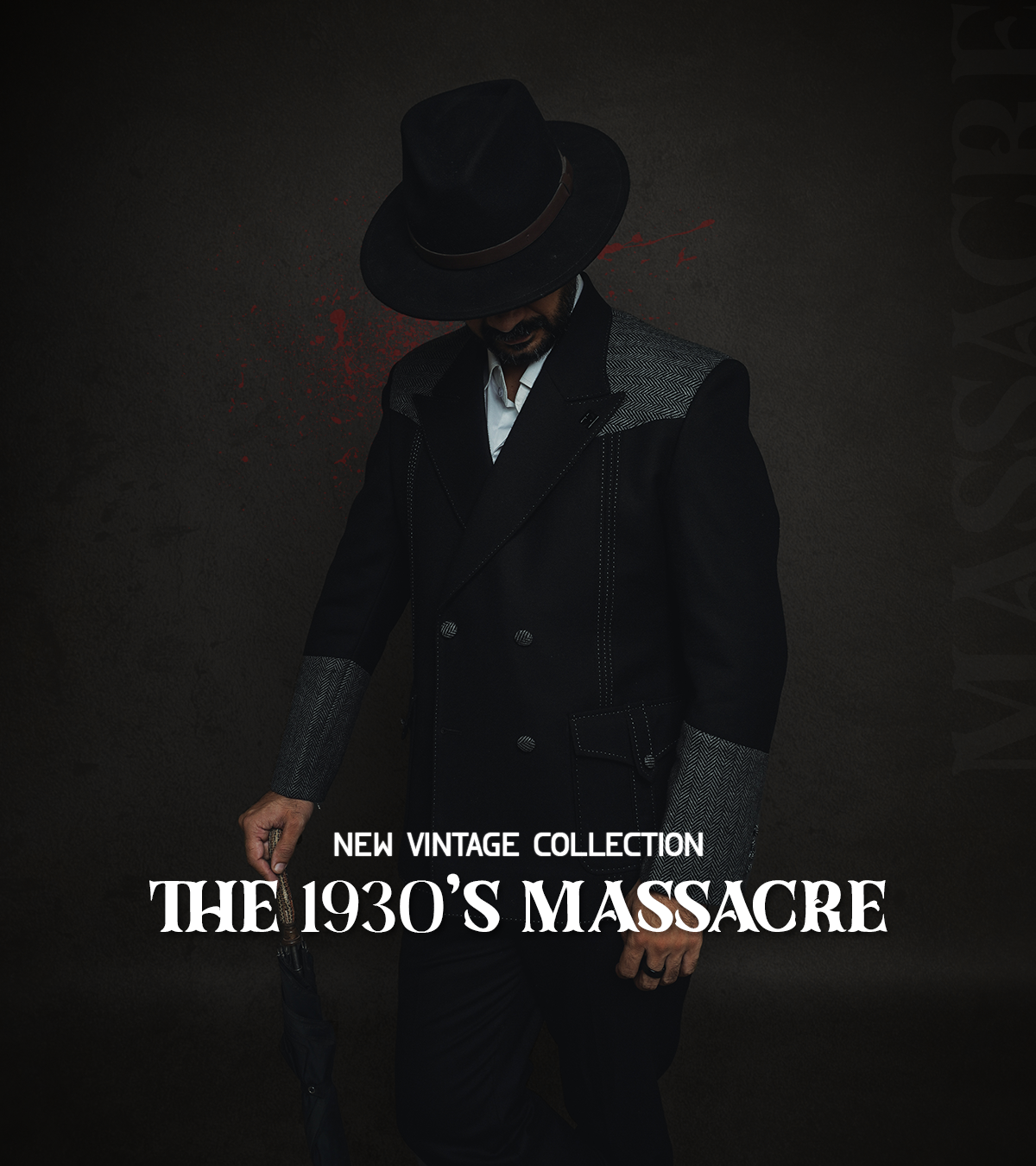 Man in vintage attire with text 'New Vintage Collection The 1930's Massacre' on a dark background