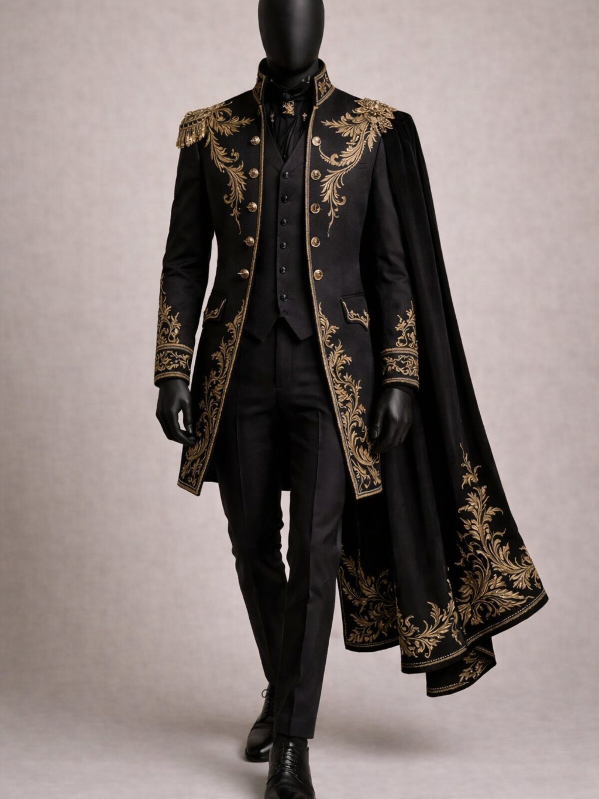 Black formal coat with gold embroidery on a mannequin against a neutral background
