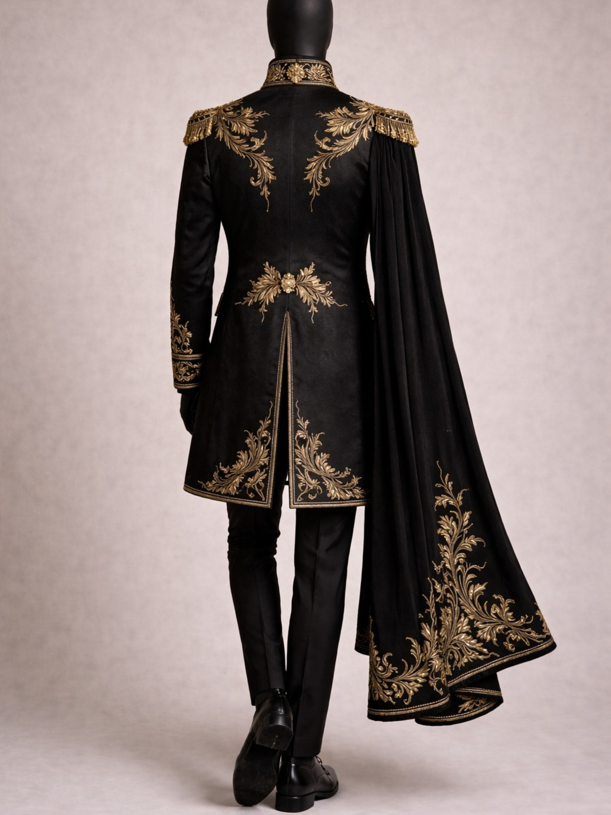 Black formal coat with gold embroidery on a mannequin against a neutral background