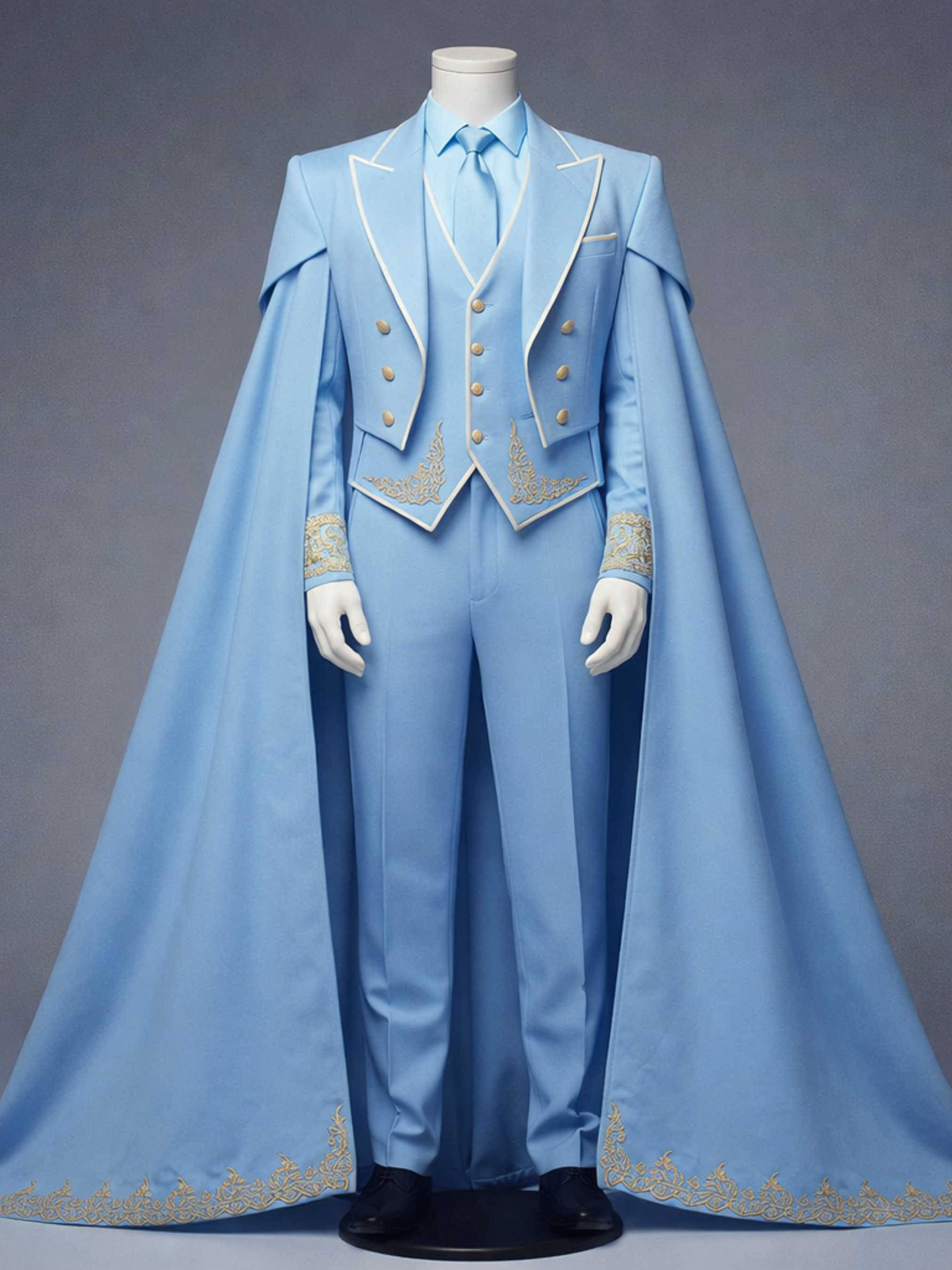 Blue formal suit with cape on a mannequin against a gray background